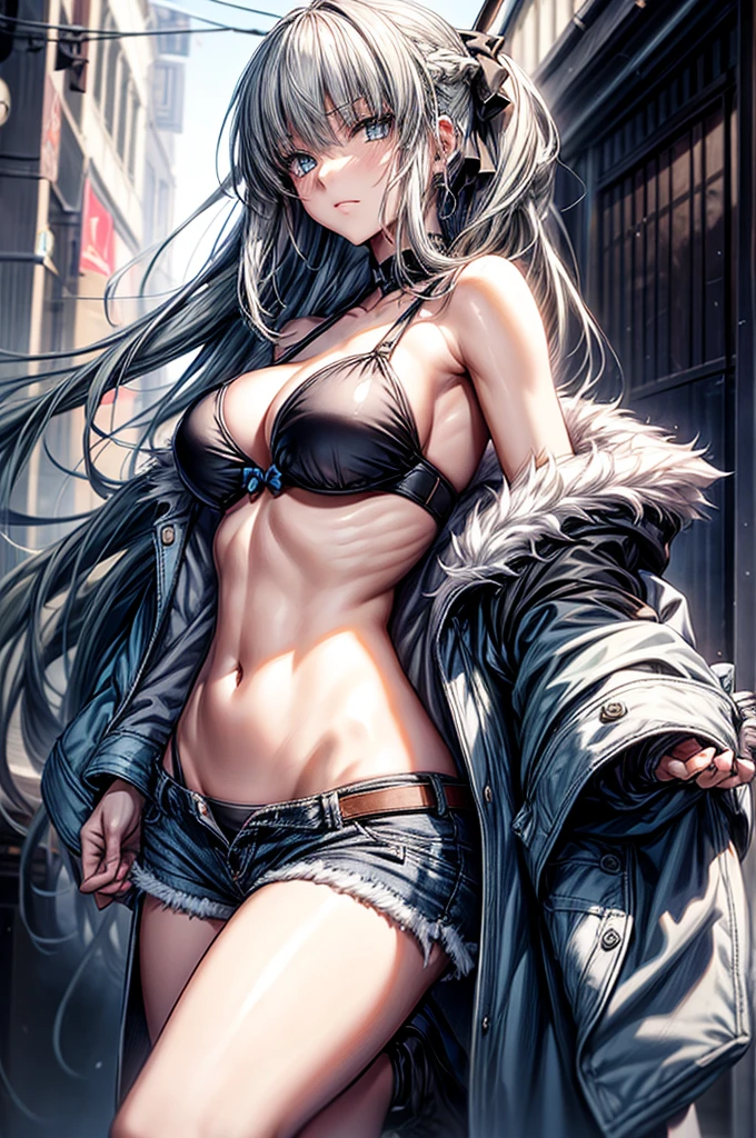 （Enrich the picture，Masterpiece level quality）Beautiful 8K CG artwork,1girl,solo,morgan le fay (fate),detailed face, perfect face, perfect eyes,blue eyes,Long Hair, pony tail,Very long hair, big boob, black bow,Hair Bow, thights,side locks, French braid, grey hair,chuckle,Slim and soft,big breasts,Black Bikini,denim short shorts,open shorts,oversized white fur coat,white coat,hands in pocket,combat boots,