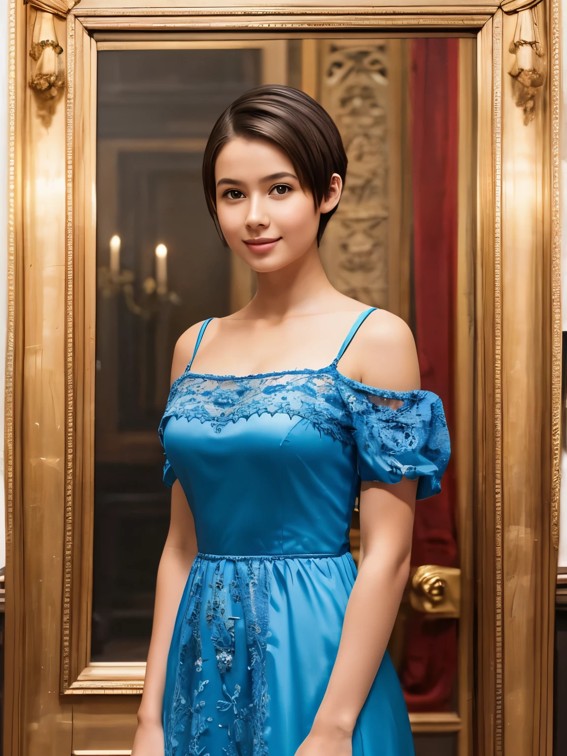 142
(a 20 yo woman,in the palace), (A hyper-realistic), (high-level image quality), ((beautiful hairstyle 46)), ((short-hair:1.46)), (kindly smile), (breasted:1.1), (lipsticks), (wearing a blue dress), (murky,wide,Luxurious room), (florals), (an oil painting、Rembrandt)