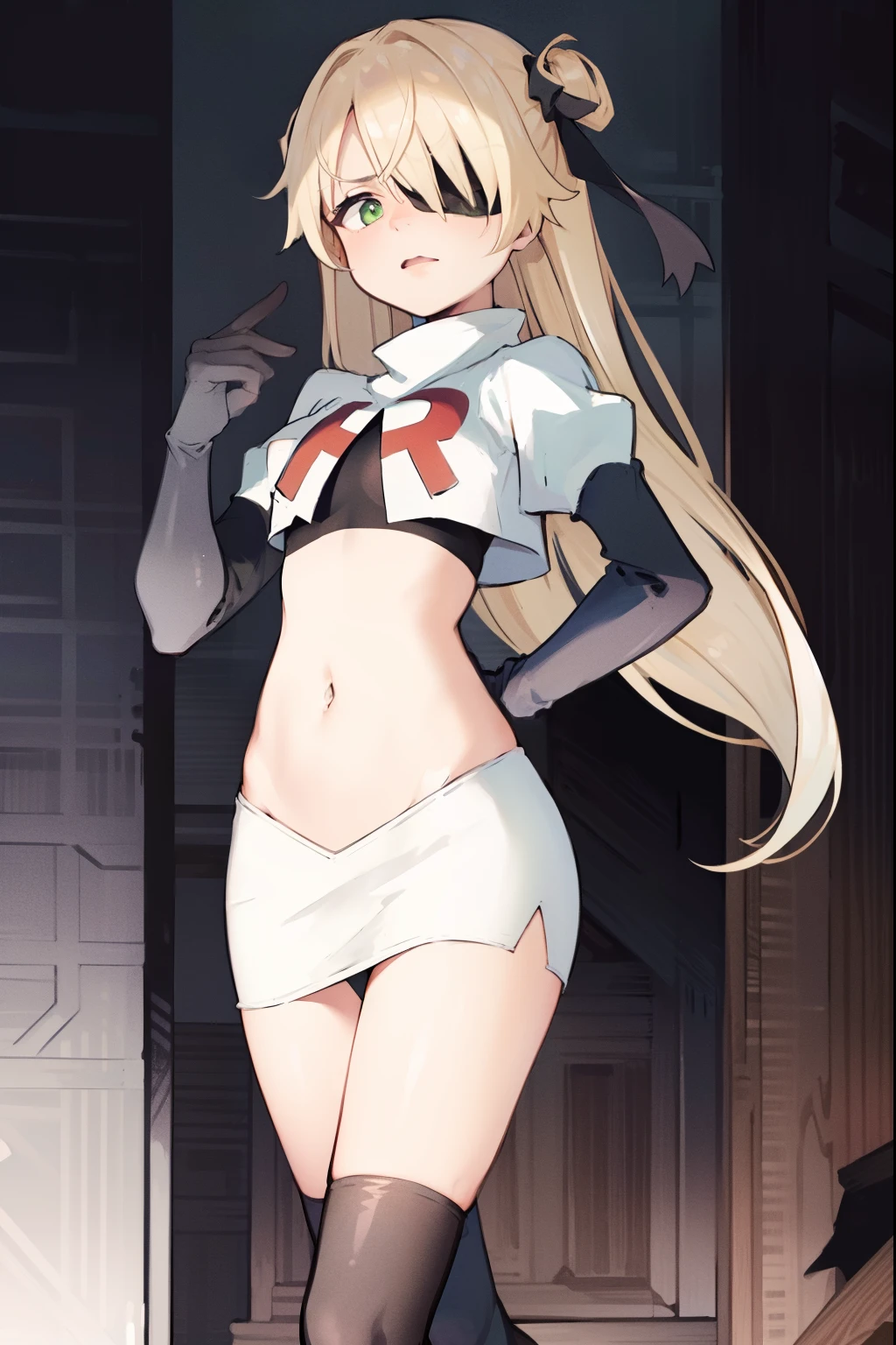 absurdres, fischl (nacht sakrament) (genshin impact), green eyes, (white pupils:1.2), fischl (genshin impact), medium_breastde hair, eyepatch, long hair, hair over one eye, bangs, hair ribbon, small breasts, 1gir rocket,team rocket uniform,white skirt,red letter R,crop top,black thigh-high boots,black elbow gloves, embarrassed