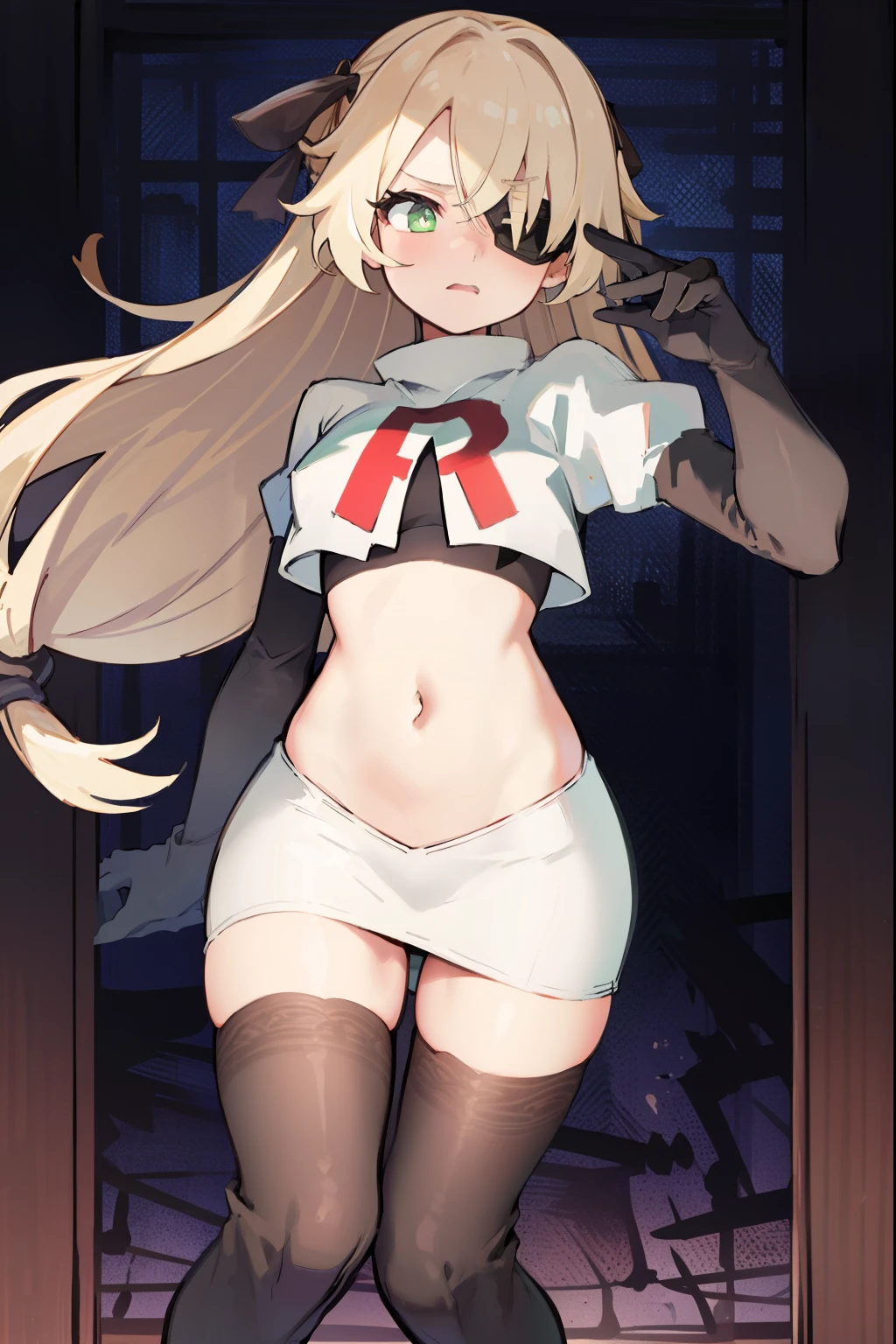 absurdres, fischl (dunkelnacht sakrament) (genshin impact), green eyes, (white pupils:1.2), fischl (genshin impact), medium_breasts, blonde hair, eyepatch, long hair, hair over one eye, bangs, hair ribbon, small breasts, 1girl, team rocket,team rocket uniform,white skirt,red letter R,crop top,black thigh-high boots,black elbow gloves, embarrassed