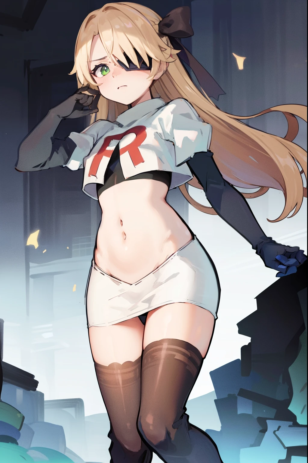 absurdres, fischl (dunkelnacht sakrament) (genshin impact), green eyes, (white pupils:1.2), fischl (genshin impact), medium_breasts, blonde hair, eyepatch, long hair, hair over one eye, bangs, hair ribbon, small breasts, 1girl, team rocket,team rocket uniform,white skirt,red letter R,crop top,black thigh-high boots,black elbow gloves, embarrassed