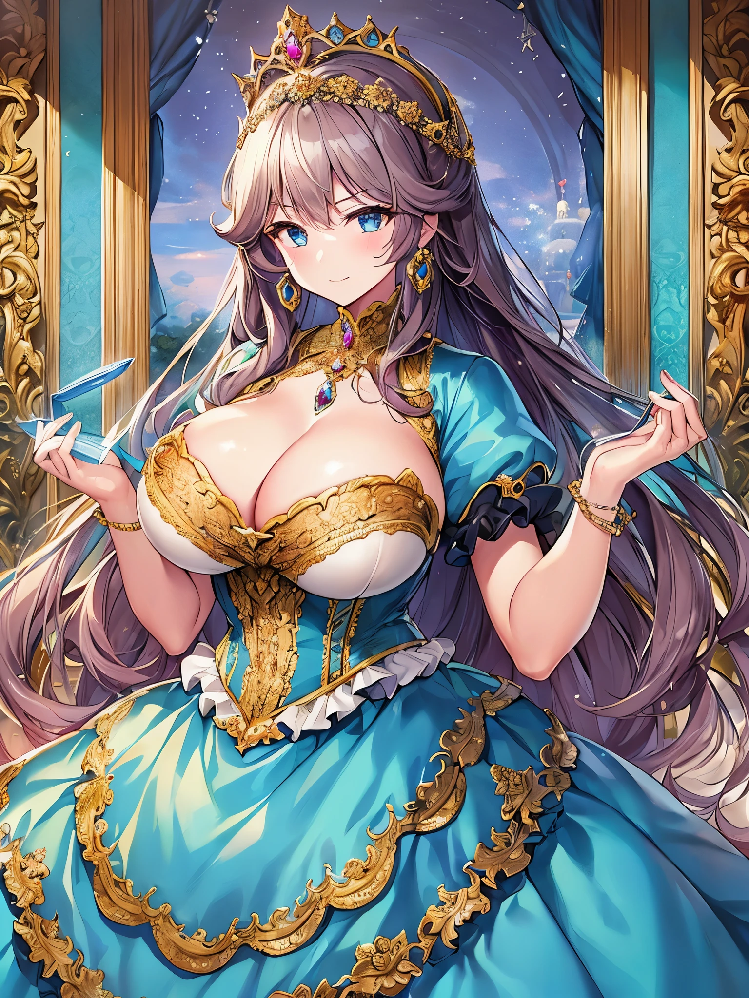 (anime artstyle),Masterpiece,Best Quality,Super Detail,Very Delicate and Beautiful,(((Solo))),((full body)),(((one princess in a gorgeous princess rococo ball gown with voluminous hoop skirt))),((crinoline)),Long train,(((very gigantic tits))),Skindentation,cleavage,((gorgeous rococo ballgown with beautiful embroidery and jeweled)),beautiful embroidery and jeweled gorgeous rococo ballgown with many ruffles,gorgeous rococo ballgown with big bows,gorgeous rococo ballgown with big bows,(gorgeousfull embroidery and lace),detailed face and eyes,jewel-like eyes,((extremely voluminous straight Hair,Very Long Straight Hair)),gorgeousfull hair ornament,(gorgeousfull jeweled tiara),Looking at viewer,((gorgeous princess rococo ball gown with voluminous hoop skirt)),full body,