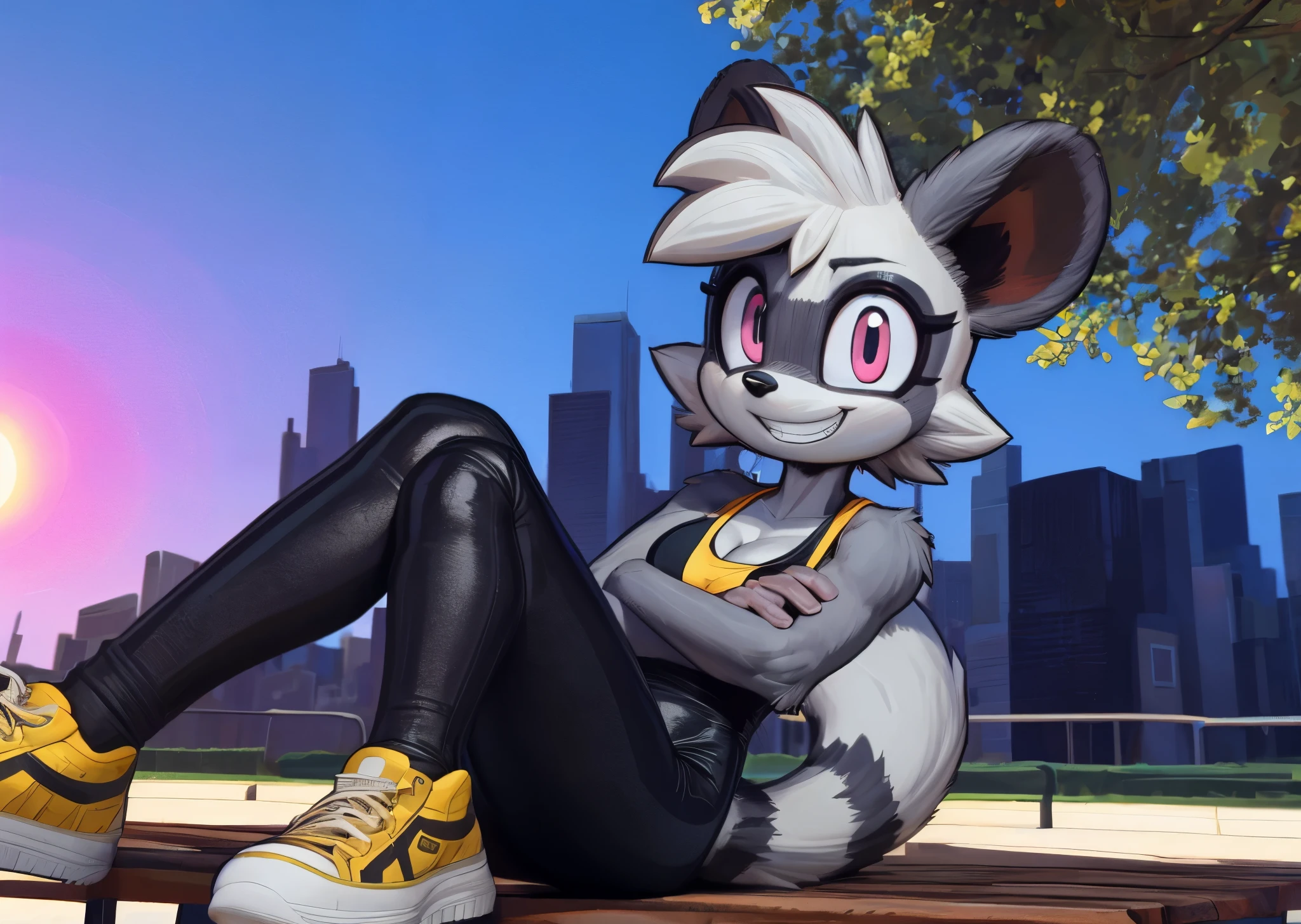 [tangle the lemur], [sonic the hedgehog], [Uploaded to e621.net; (Pixelsketcher), (wamudraws), (napalm_express)], ((masterpiece)), ((HD)), ((solo portrait)), ((front view)), ((full body)), ((detailed fur)), ((detailed shading)), ((cel shading)), ((beautiful render art)), ((intricate details)), {anthro, (slim figure), (grey fur), black nose, animal ears, cute pink eyes, short eyelashes, short hair, hair bang, (long lemur tail), (curvy hips), (beautiful legs), (excited grin)}, {(yellow tank top), (black spandex yoga bodysuit), (cleavage), (leggings), (yellow sneakers), (white gloves)}, {(sitting on bench), (crossed arms), (looking at viewer)}, [background; (city), (park), (blue sky), (sun rays)]