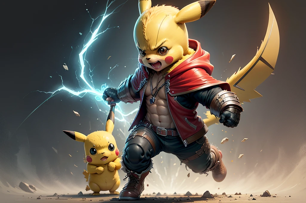 Start with a basic sketch of Pikachu, Holding Mjolnir in one hand，Wearing a red cloak with gold trim. Add some Thor features，such as a helmet with wings and boots with metallic details，Add a more realistic touch to your characters. Give Pikachu a furry touch, Exaggerate the size of his head and ears and add rosy cheeks. Use vibrant, Cheerful colors bring your paintings to life, Create depth and texture with shadows and highlights. add background. completo, Add some clean lines，Highlight the character&#39;s characteristics，and add more colors "slice" touch pictures.，显示所有图slice照slice质量