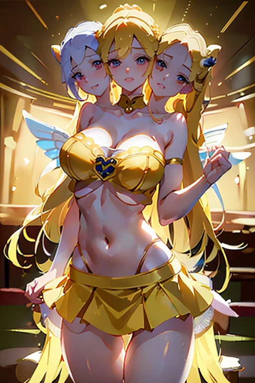 (masterpiece, best quality),best quality, (ultra-detailed), (4heads:1.5), 1girl, (lily white:1.3), masterpiece, best quality, white top, crop top, ((stomach)), midriff, ((groin)), white skirt, normal ears, shackles, yellow hair, very long hair, wavy hair, sidelocks, blue eyes, parted lips, single horn, sweat, cute, toned belly, hand on own chest, eyelashes, (22 year old woman:1.3), (masterpiece:1.4), (best quality:1.4), (beautiful detailed extremely detailed CG, extremely delicate and beautiful, depth of field, (finely detailed face), (perfect details:1.1), (mature female:1.3), wide pelvis, slender, large veiny breast, 8k resolution, high quality, high definition, extremely detailed, masterpiece, best quality, yellow hair, long hair, alluring presence, braid, short skirt, close up, big tits, young, fairy wings,