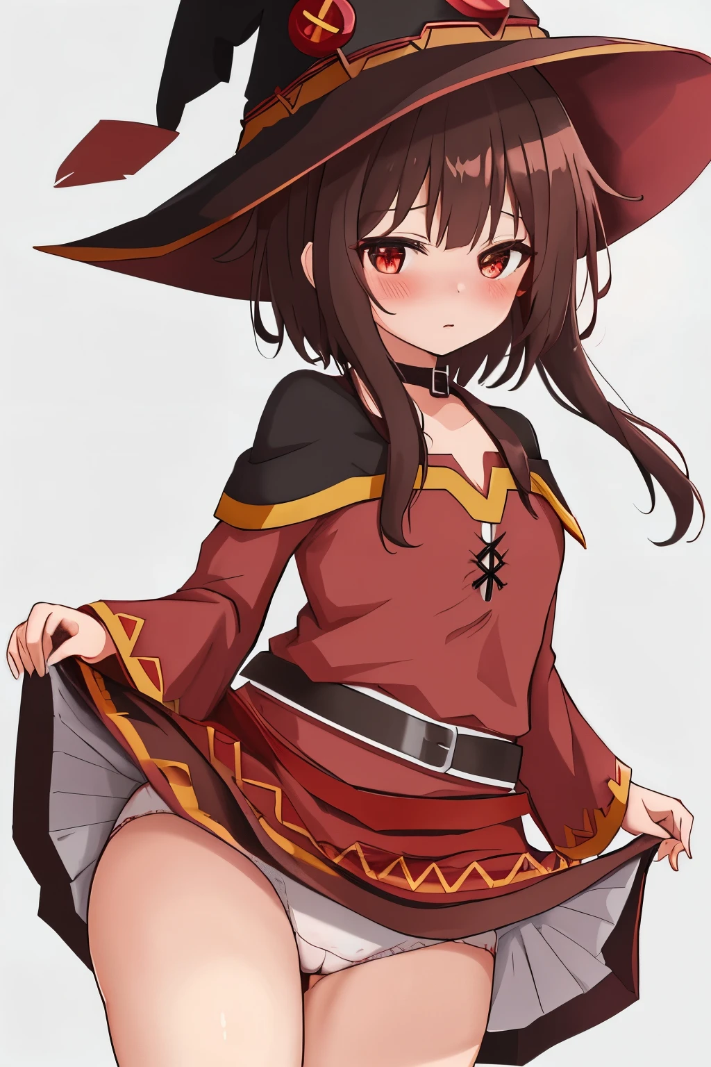 megumin, looking at viewer, hat, witch hat, brown hair, short hair with long locks, red eyes, blush, short hair, tomboy, bellow view, skirt lift, white panties, very high skirt, raise up skirt, panties