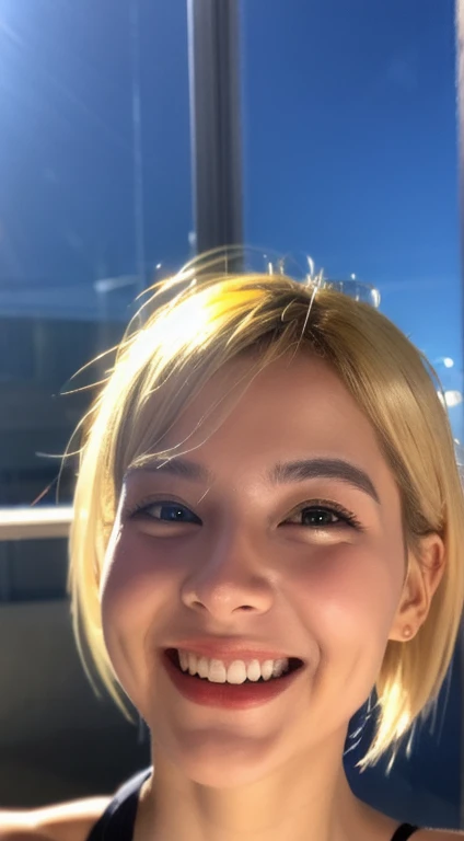 blonde hair, low ponytail, eye reflection, glowing eyes, naughty face, light smile, first-person view, pov, masterpiece, anatomically correct, textured skin