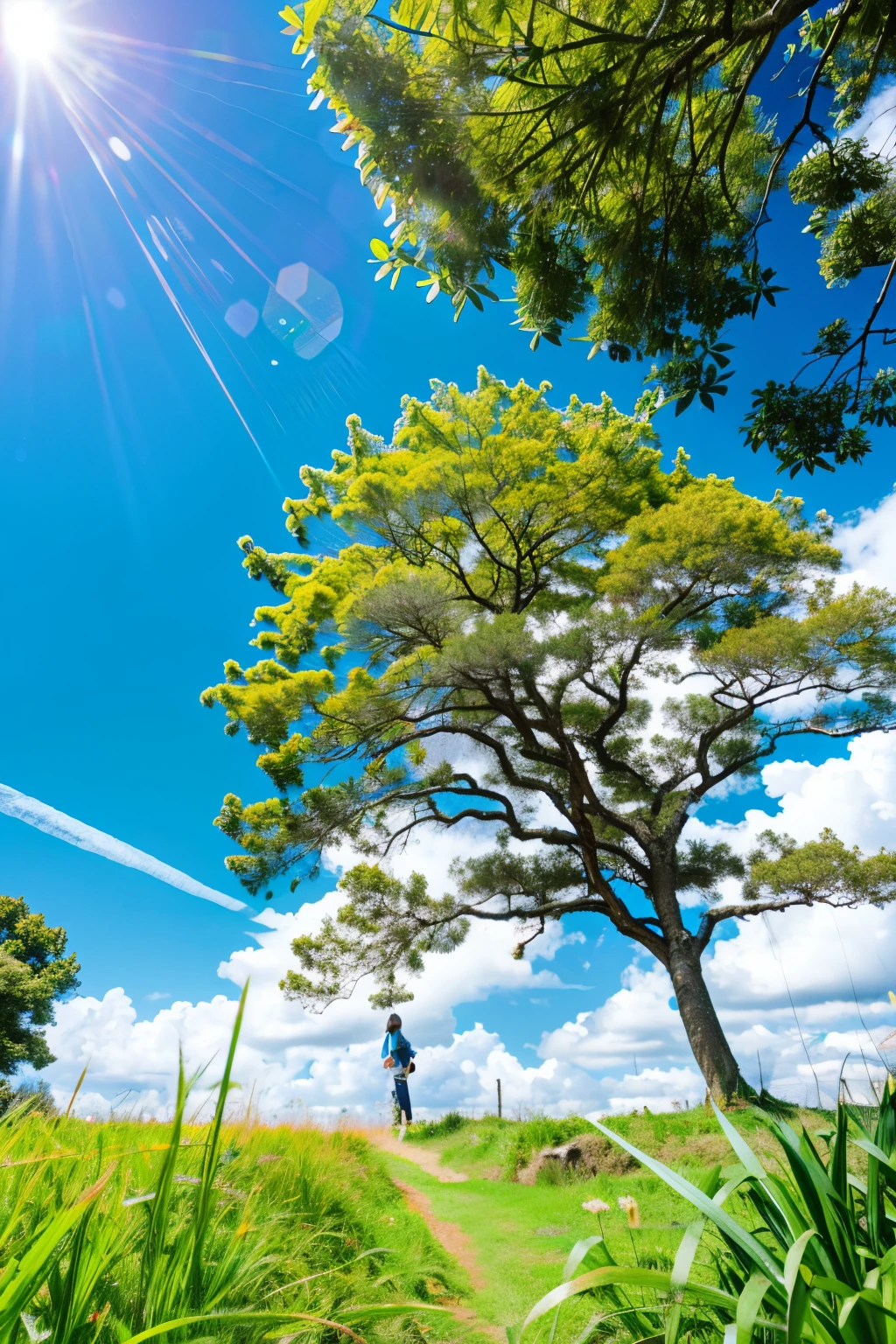 blue-sky、grass field、two big trees