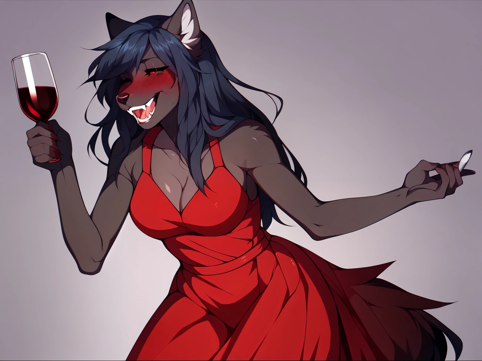 Natasha, solo:1.4, dark grey wolf, wearing red dress, red eyes, laughing hysterically, mouth wide open, canine teeth, blushing, holding a glass of wine, eyes wide open, very small pupils, hunched over, cell shading, no background, by fumiko, by hyattlen, by hioshiru, flat colors, cell shading