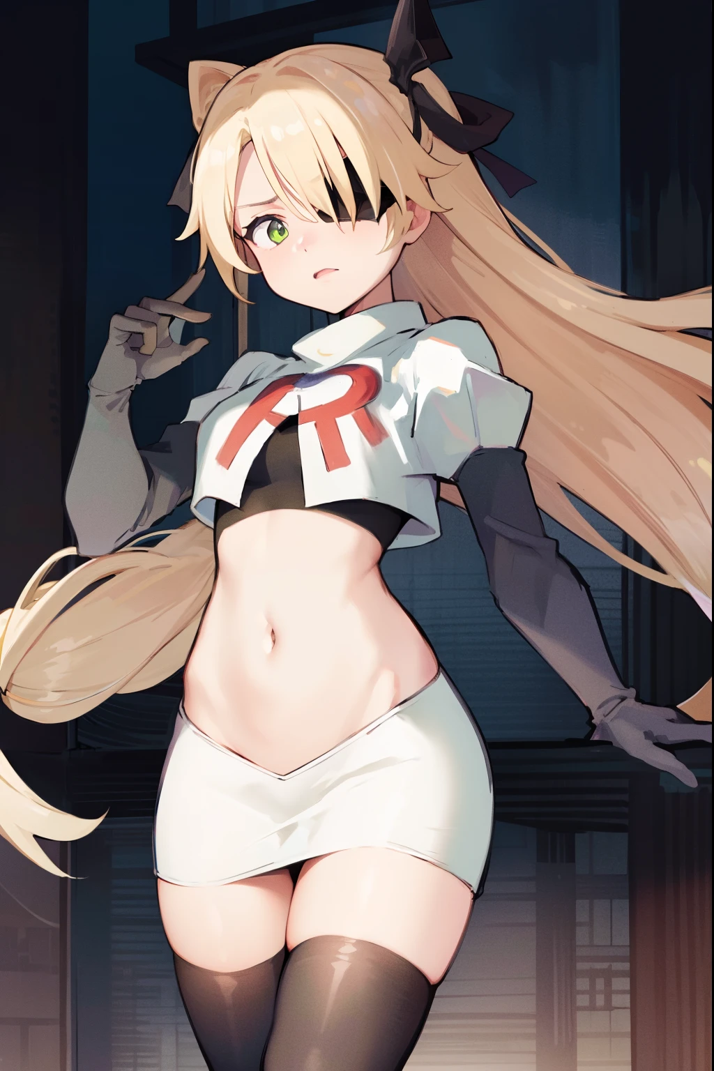 absurdres, fischl (dunkelnacht sakrament) (genshin impact), green eyes, (white pupils:1.2), fischl (genshin impact), medium_breasts, blonde hair, eyepatch, long hair, hair over one eye, bangs, hair ribbon, small breasts, 1girl, team rocket,team rocket uniform,white skirt,red letter R,crop top,black thigh-high boots,black elbow gloves, embarrassed