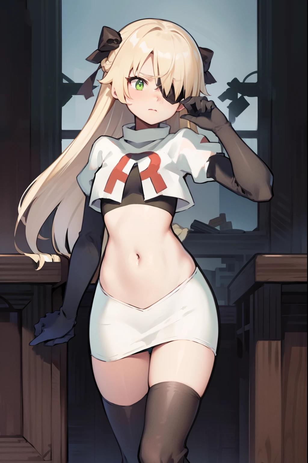 absurdres, fischl (dunkelnacht sakrament) (genshin impact), green eyes, (white pupils:1.2), fischl (genshin impact), medium_breasts, blonde hair, eyepatch, long hair, hair over one eye, bangs, hair ribbon, small breasts, 1girl, team rocket,team rocket uniform,white skirt,red letter R,crop top,black thigh-high boots,black elbow gloves, embarrassed