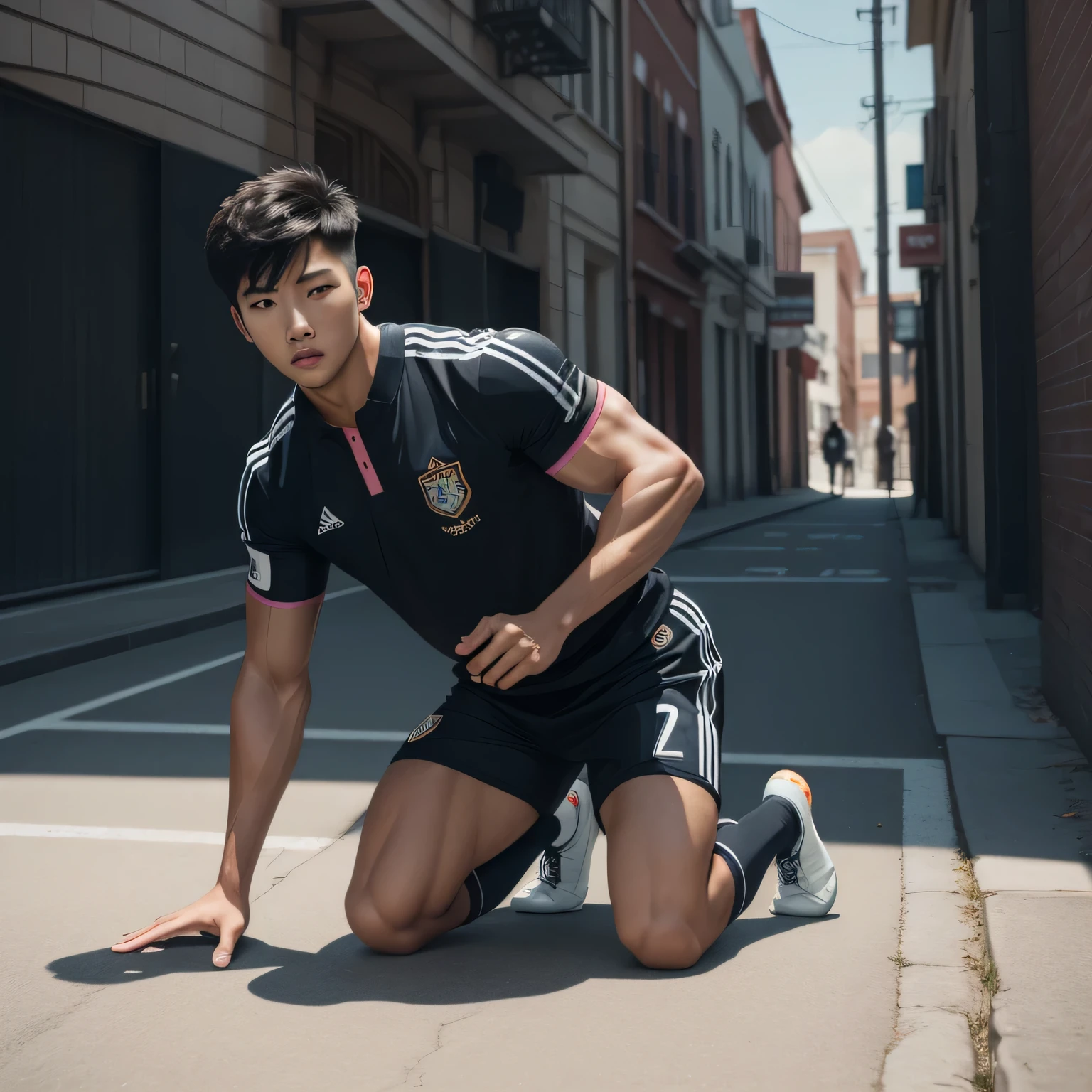 male Kpop,soccer men,muscle,gay,handsome,big muscles,light pink soccer uniform,long black socks,kneeling on the ground,showing muscles,high quality,4k,detailed,