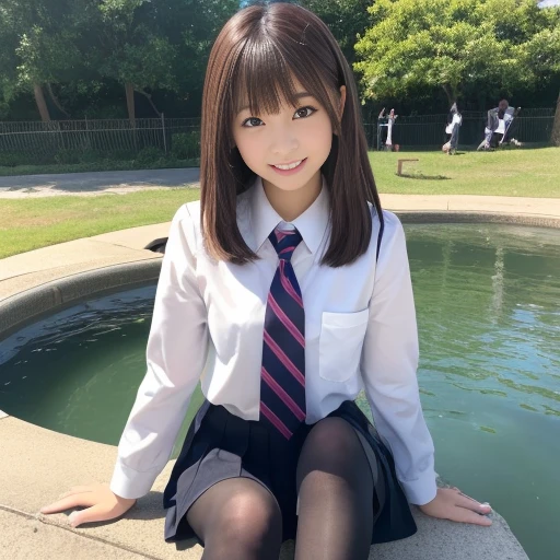 (masterpiece,top-quality,超A high resolution),A Japanese Lady, Very beautiful 18 year old girl, Kawaii Girl、View photographer、(lipgloss)、(Perfect limbs、perfect anatomia),((beautiful brown hair、Bob Hair、 shairband))、(((School Uniforms)))、kawaii、Pure white、Beautiful skin、Shiny hair and moist eyebrows、Colors and landscapes of youth、Premonition of love、Warm smile、二重まぶた、(Moles under the mouth)、Attend school、((a park、The fountain))、Black pantyhose、Loafer shoes、Painted from head to knee、