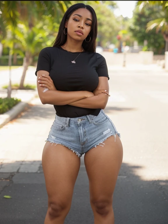 Beautiful sensual and erotic woman with curvy body, cheveux longs et noirs, frange, (double bun), ((big curvy body,)), Taille la plus large, thick, beaux seins bien ajustés, Curved Accented Loot, detailed sparkling olive green eyes, les yeux sont vert olive, long cils, sourire sensuel, cuisses thickses, sourit avec incertitude à la caméra, ((wearing a dark blue t-shirt printed, denim mini skirt,)), livinrom, bracelet, photorealistic, chef-d'artwork, Bokeh, volumetric lighting, ambiance sensuelle, Full body view, smile, (big ass),