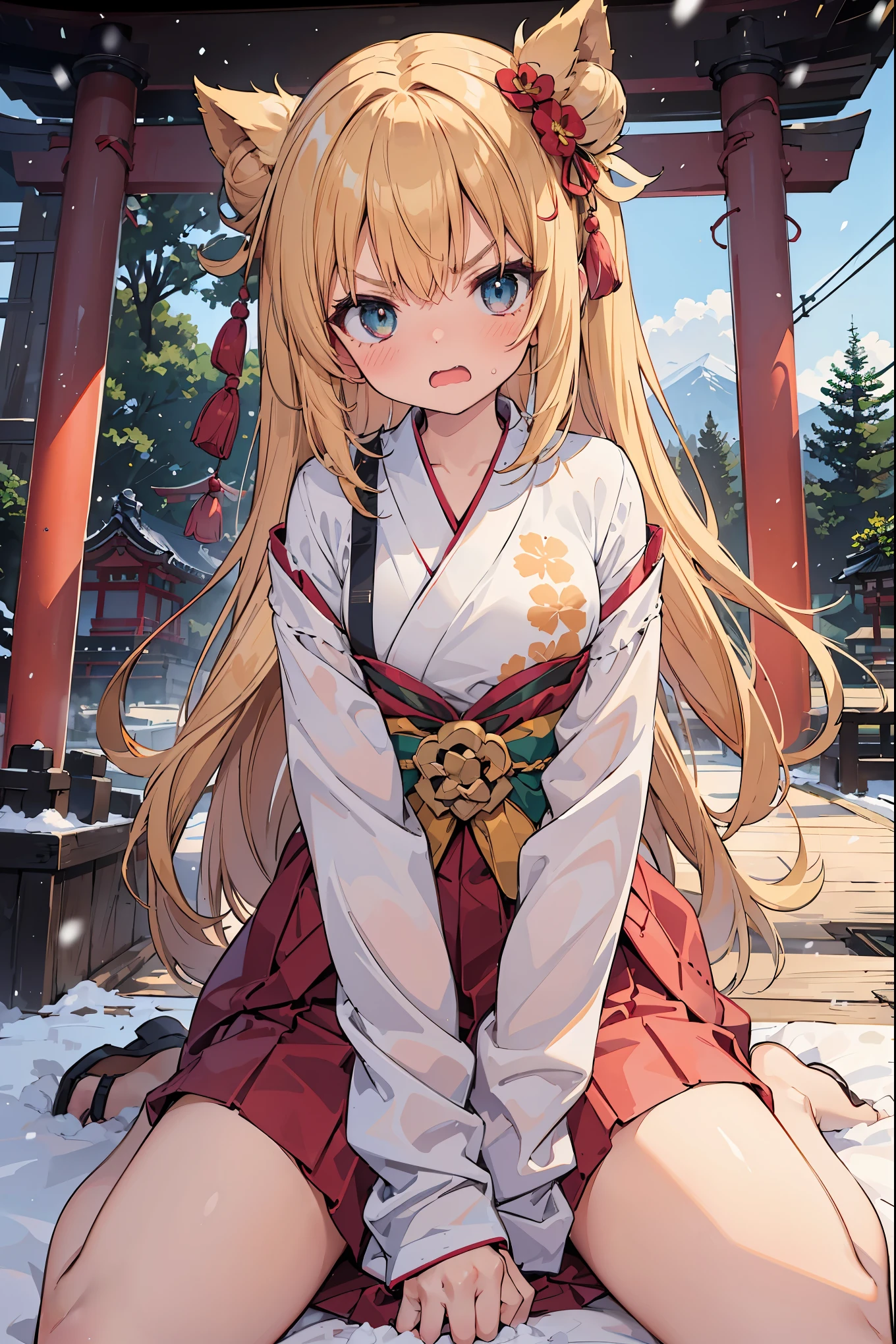 (((masterpiece))), best quality, 16k, 32k, close up, (((1girl ,girl spread legs))),(ultra cute face, nose blush, perfect eyes, bun hair, golden hair),(((girl,embarrassed, panicking,angry,pleasant sensation))), angry, confused,hands up,clothes, ((large chest)), ((standing, leaning forward )), pov face, from above,looking at viewer up,
//Fashion, shrine maiden,white yukata,red hakama, She is wearing a long-sleeved kimono with a floral pattern. I pray in front of a shrine covered in snow with my hands clasped together.(Fushimi Inari Taisha)