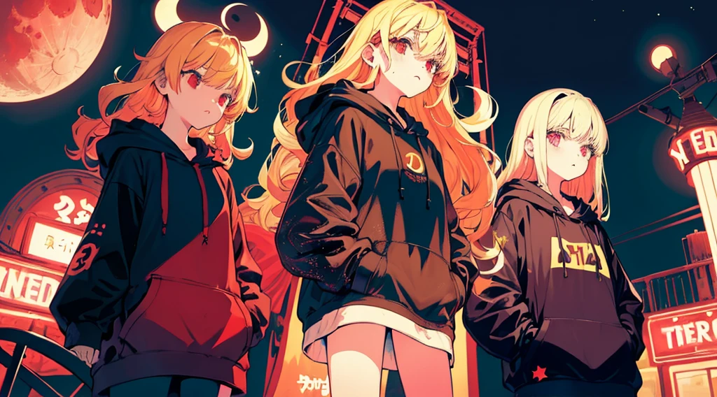 (3 girls, blonde hair, big black hoodie, hands on hoodie, bare legs), (abandoned amusement park, late night, red moon), (low contrast, flat color, limited palette)
