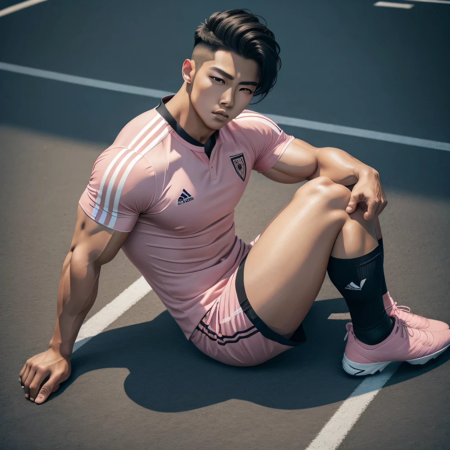 male Kpop,soccer men,muscle,gay,handsome,big muscles,light pink soccer uniform,long black socks,sat on the ground,half reclining,top view,showing muscles,high quality,4k,detailed,