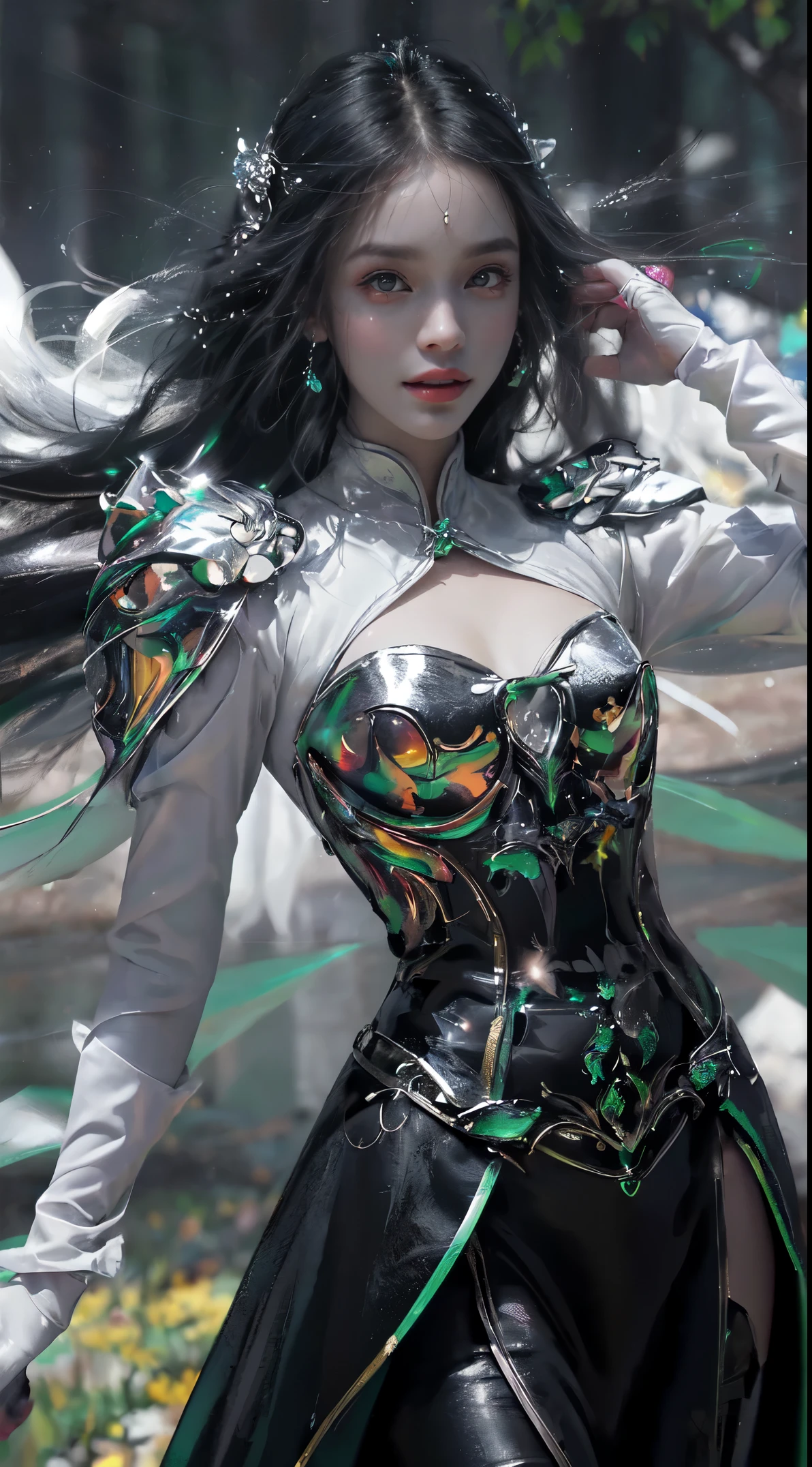 cor fluorescente, 1 girl, olhar para o lado, beautiful face, Olhos bonitos, (fora do ombro: 1.2), parte superior do corpo, cabelos brilhantes, pele brilhante, Reduction of glare emissions, The proportions of the fingers are coordinated, Escuro, Pov, Dynamic angle, (((master part))), (((melhor qualidade))), ((ultra-detalhado)), (illustration), (luz detalhada), ((um extremamente delicado e bonito)), Dramatic_Sombra, raio_Rastreamento, reflection, super high resolution, uma mulher andando um lugar escuro em volta de flocos de Neve cintilantes e pequenas pontos de luz arrodeando, seus cabelos preto voando com o vento, os olhos verde brilhante olhando para tulipas vermelho com borboleta cintilantes a sua volta, mulher de cabelo preto, mulher em um lugar escuro cheia de pontinhos de luz e flocos de Neve cintilantes, borboletas cintilantes, mulher de cabelo preto, pontinhos de luz em volta da mulher, magical aura, olhos verdes, aura Sobrenatural, super magical aura black hair woman