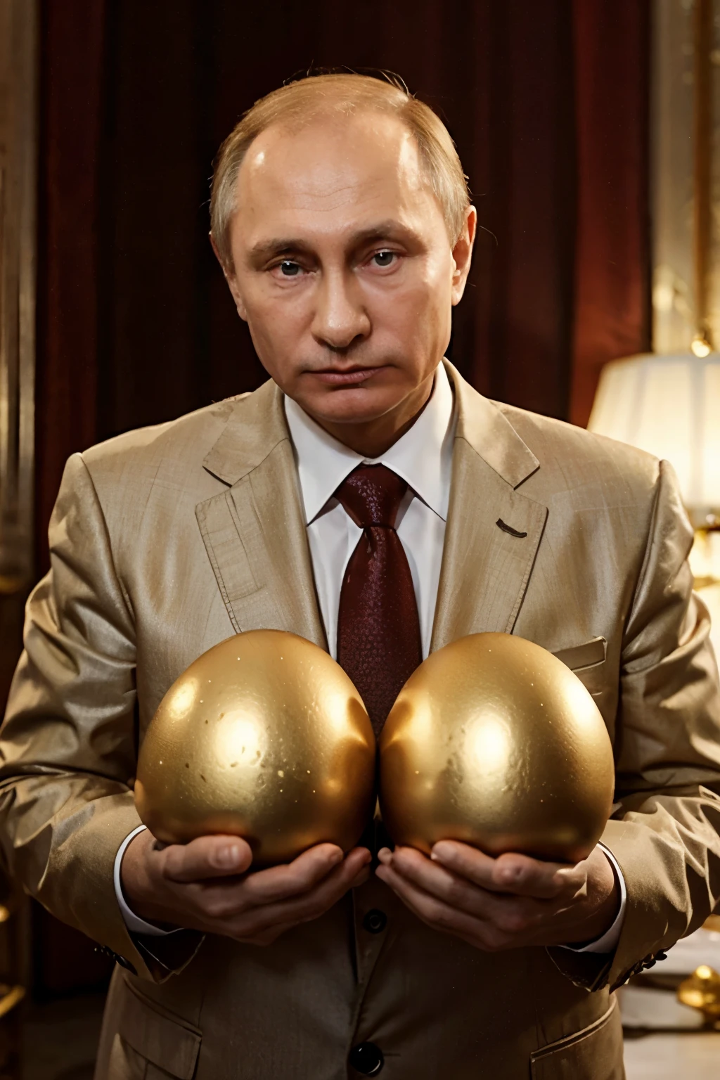 president vladimir putin holding two golden eggs