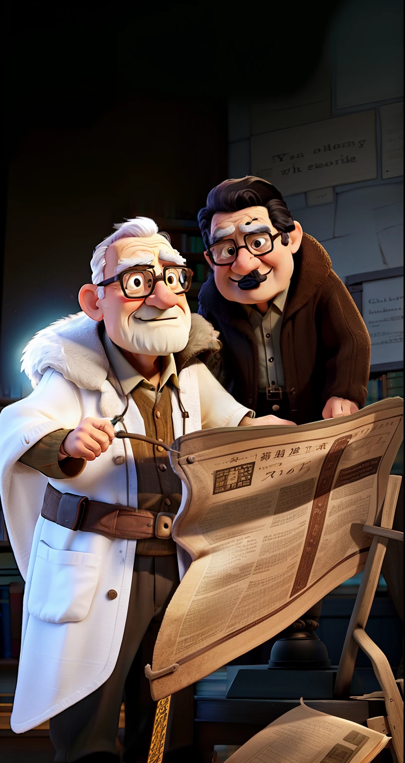 A wise old man standing in front, illuminated by the light of a lamp, against the backdrop of a library