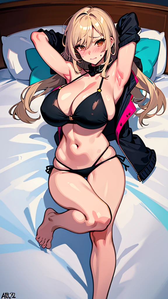 1girl, rough sketch, , more huge tits, mibikini, tight bikini, sexy pose, jet, lying on the bed, focus on her tits, arms behiead, armpits, full body, blushing, embarrassed face.