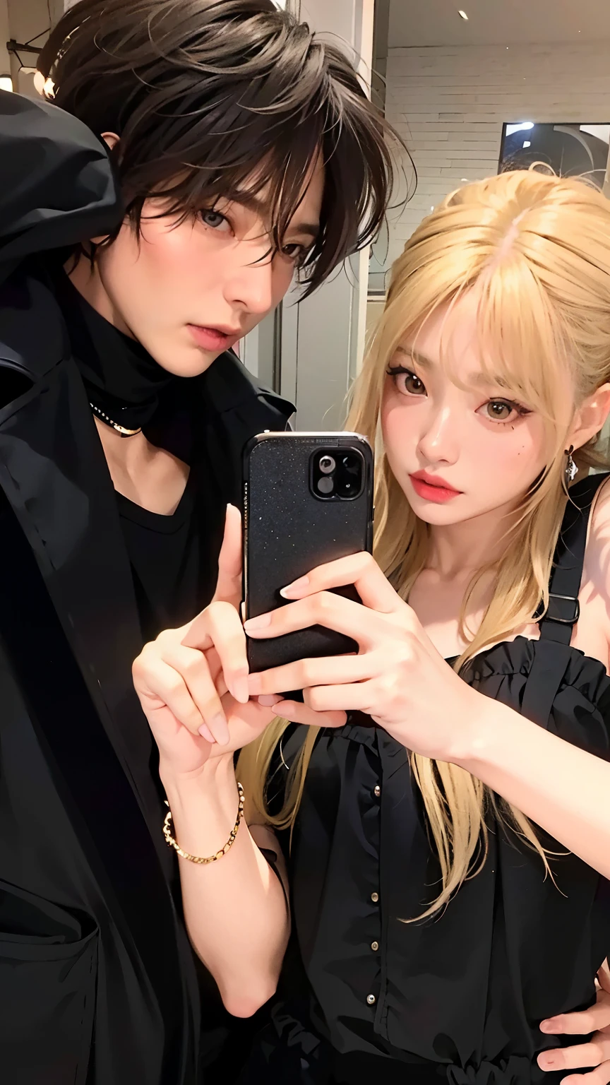 there is a man and a woman taking a selfie in a mirror, Lalisa Manobal, Lalisa Manoban do Blackpink, Ulzzang, O corte Hime, ( ( Massa Amane # ) ), Massa Amane *, jossi do blackpink, Parque Roseanne do Blackpink, imagem vazada, jungkook, jungkook e jungkook