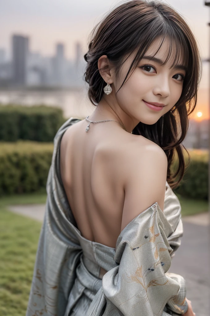 (Photoreal Stick:1.5, masutepiece:1.5, RAW shooting, 8K), (top-quality, masterpiece, 超A high resolution), morning, ((Shoot with blur:1.7)), (fog the lens:1.6), (reflect light onto the lens:1.7), ((sunrises, Sunlight coming in from behind:1.7, morning日の陽光が画面いっぱいに広がる:1.7)), ((morning日の陽光が女性を照らす:1.8)), ((画面全体がmorning日の陽光のせいで白く霞んで見える:1.8)), ((女性はmorning日の陽光でぼんやりして見える:1.9)), Face Sharp Focus:1.3, Professional camera work:1.3, Highly detailed skin and facial texture:1.3, Grow Light Effect, The ultra-detailliert:1.3, 1girl in, Fair skin, (Sense of clarity:1.4, a small face), Extremely beautiful face:1.5, (Sense of clarityを感じる目:0.9, looking distantly), A smile:1.0, i love you completely:0.8, (Slightly open mouth:0.4, Sense of clarityを感じる口当たり:0.7), 二重まぶた, Dark brown medium hair, necklace and earrings, (Japanese silver kimono, off shoulders)