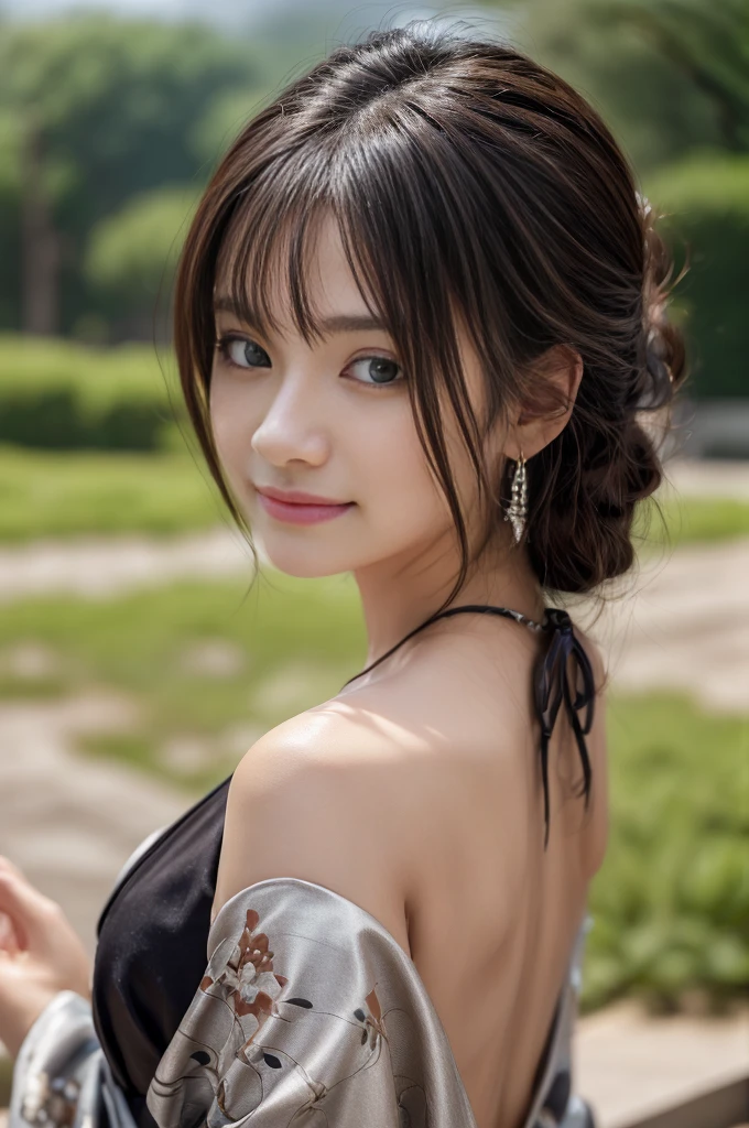 (Photoreal Stick:1.5, masutepiece:1.5, RAW shooting, 8K), (top-quality, masterpiece, 超A high resolution), morning, ((Shoot with blur:1.7)), (fog the lens:1.6), (reflect light onto the lens:1.7), ((sunrises, Sunlight coming in from behind:1.7, morning日の陽光が画面いっぱいに広がる:1.7)), ((morning日の陽光が女性を照らす:1.8)), ((画面全体がmorning日の陽光のせいで白く霞んで見える:1.8)), ((女性はmorning日の陽光でぼんやりして見える:1.9)), Face Sharp Focus:1.3, Professional camera work:1.3, Highly detailed skin and facial texture:1.3, Grow Light Effect, The ultra-detailliert:1.3, 1girl in, Fair skin, (Sense of clarity:1.4, a small face), Extremely beautiful face:1.5, (Sense of clarityを感じる目:0.9, looking distantly), A smile:1.0, i love you completely:0.8, (Slightly open mouth:0.4, Sense of clarityを感じる口当たり:0.7), 二重まぶた, Dark brown medium hair, necklace and earrings, (Japanese silver kimono, off shoulders)