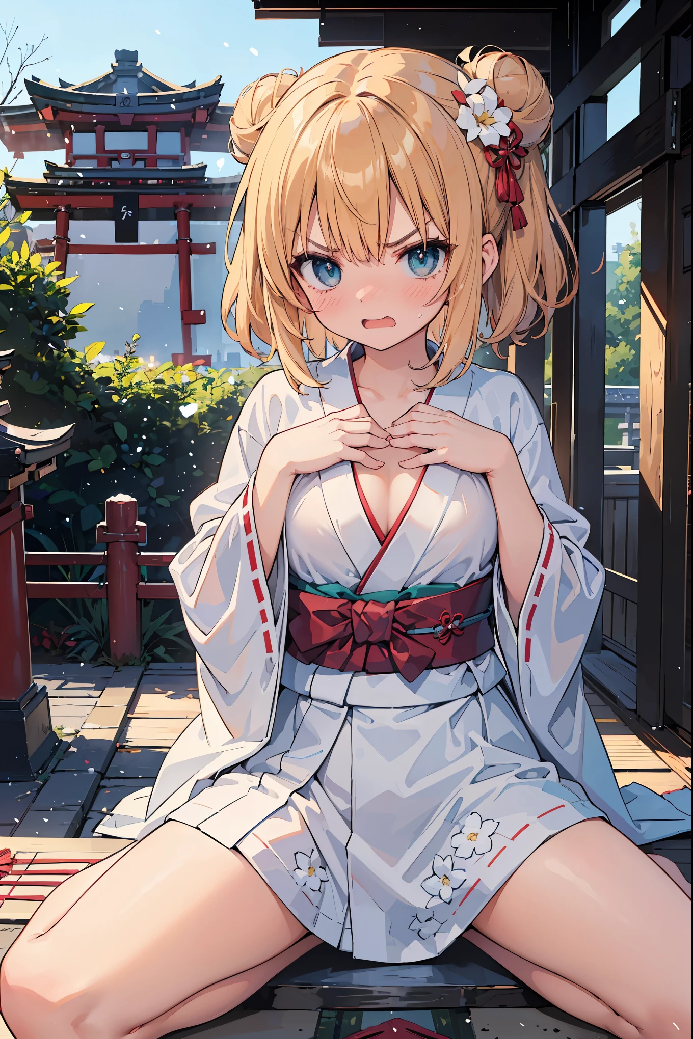 (((masterpiece))), best quality, 16k, 32k, close up, (((1girl ,girl spread legs))),(ultra cute face, nose blush, perfect eyes, bun hair, golden hair),(((girl,embarrassed, panicking,angry,pleasant sensation))), angry, confused,hands up,clothes, ((large chest)), ((standing, leaning forward )), pov face, from above,looking at viewer up,
//Fashion, shrine maiden,white yukata,red hakama, She is wearing a long-sleeved kimono with a floral pattern. I pray in front of a shrine covered in snow with my hands clasped together.(Fushimi Inari Taisha)