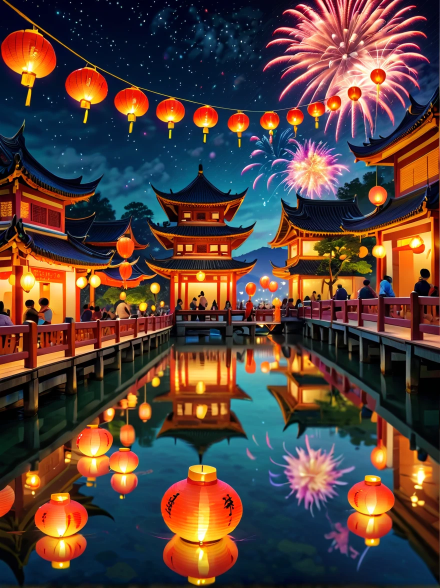 Beautiful town celebrates New Year's Day New Year's countdown,new year 2024,Colorful lanterns and decorations,children playing and dancing,Huge countdown clock with gorgeous patternireworks in the night sky,Performer juggling ribbons,Colorful lanterns and decorations,Performer juggling colorful ribbons,Gorgeous temple,Incense,offering offerings,People make wishes and pray,Calm lake lit with candleeautiful reflection of fireworks and lanterns,a joyful atmosphere,(best qualtiy,8k,A high resolution,tmasterpiece,ultra - detailed,UHD,hyperdetailed painting,Sharp focus,physically-based renderingt,extreme detail description,professinal,vivd colour,bokeh)