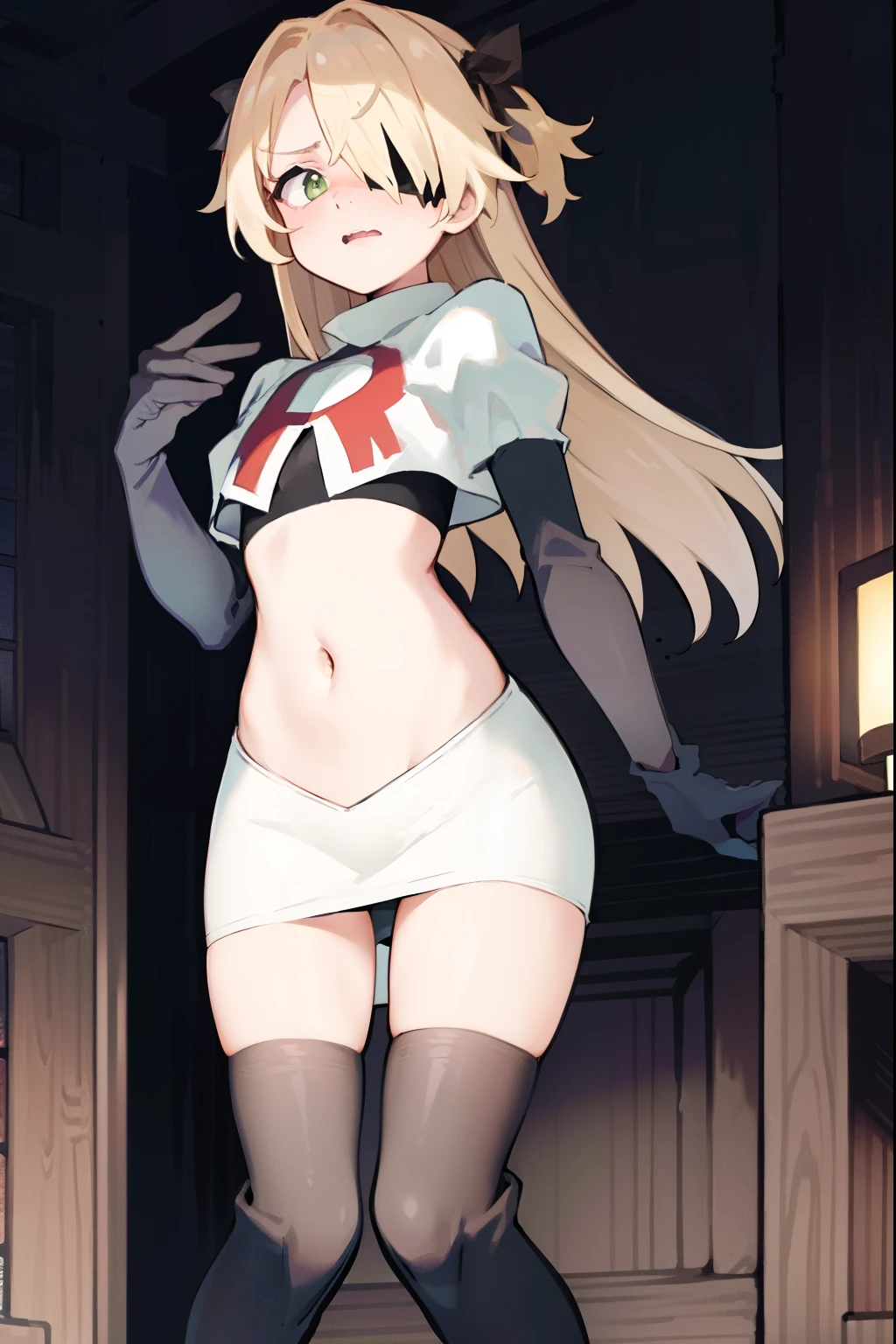 absurdres, fischl (dunkelnacht sakrament) (genshin impact), green eyes, (white pupils:1.2), fischl (genshin impact), medium_breasts, blonde hair, eyepatch, long hair, hair over one eye, bangs, hair ribbon, small breasts, 1girl, team rocket,team rocket uniform,white skirt,red letter R,crop top,black thigh-high boots,black elbow gloves, embarrassed