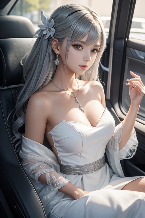 st. louis (luxurious wheels) (azur lane), 1girl, hair ornament, earrings, necklace, portrait, silver dress, revealing clothes, looking at viewer, solo