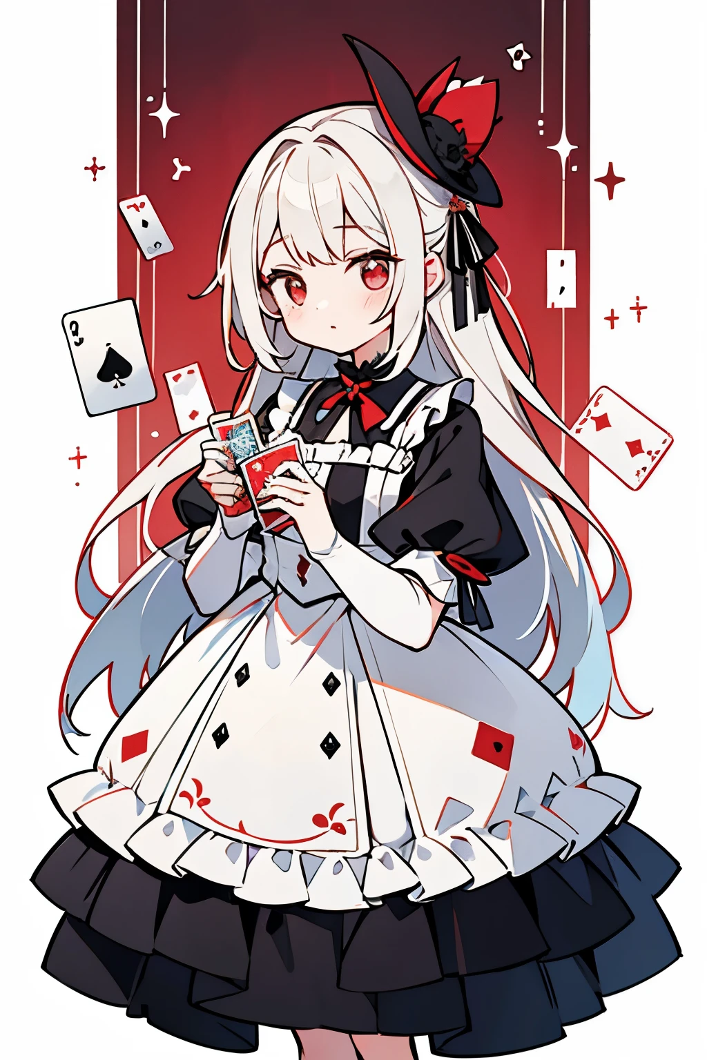 Loli body type girl，Flat milk，Long bright silvery-white hair，Dark red hair，Half-crown issuance cards，side pony tail，Gorgeous headband，Red eyes，Blue and white skirt，Lace floral skirt，Card elements，Metal bracelet