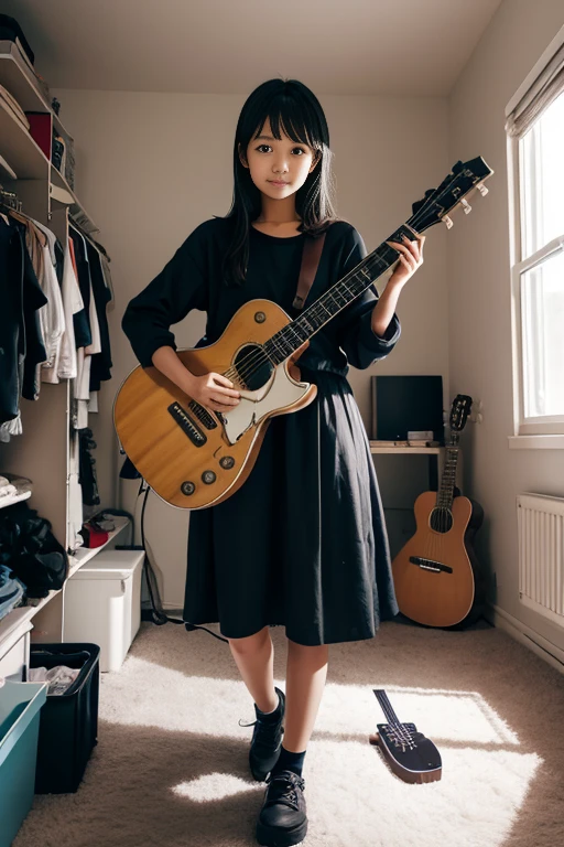 bocchi, 1girl, solo, in messy room, guitar,