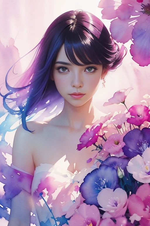 1girl,flower, Lisianthus ,in the style of light pink and light azure, dreamy and romantic compositions, pale pink, ethereal foliage, playful arrangements,fantasy, high contrast, ink strokes, explosions, over exposure, purple and red tone impression , abstract, ((watercolor painting by John Berkey and Jeremy Mann )) brush strokes, negative space,