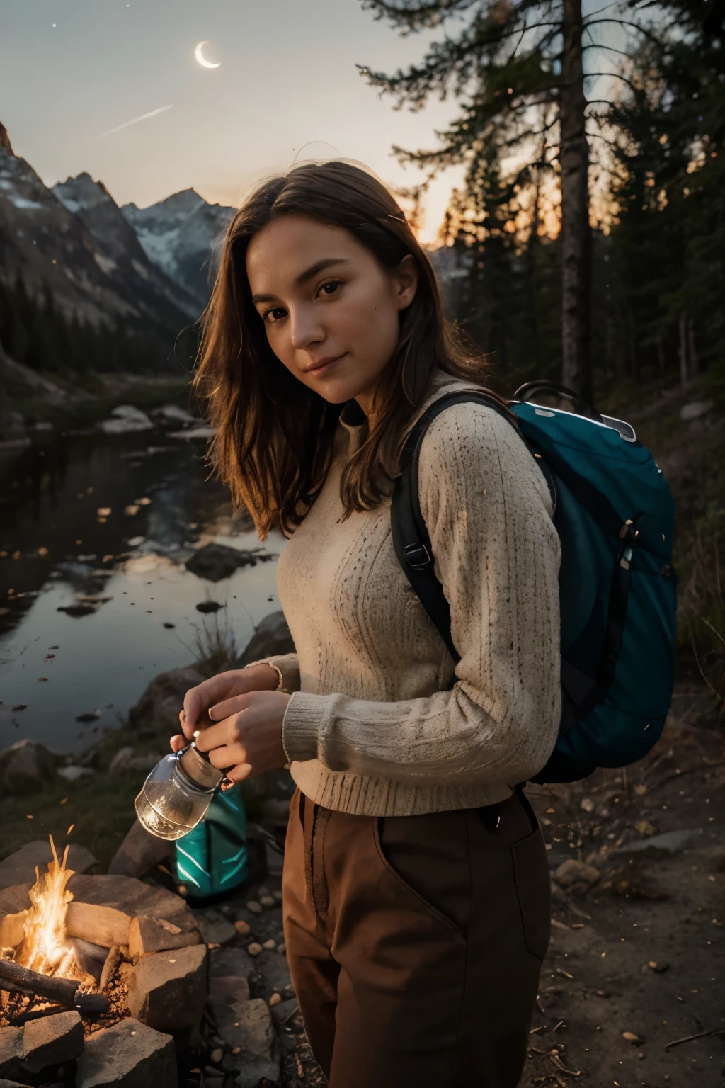 1 woman ((upper body selfie, happy)), masterpiece, best quality, ultra-detailed, solo, outdoors, (night), mountains, nature, (stars, moon) cheerful, happy, backpack, sleeping bag, camping stove, water bottle, mountain boots, gloves, sweater, flashlight, forest, rocks, river, wood, smoke, shadows, contrast, clear sky, analog style (look at viewer:1.2) (skin texture) (film grain:1.3), (warm hue, warm tone:1.2), close up, cinematic light, sidelighting, ultra high res, best shadow, RAW, upper body, wearing pullover