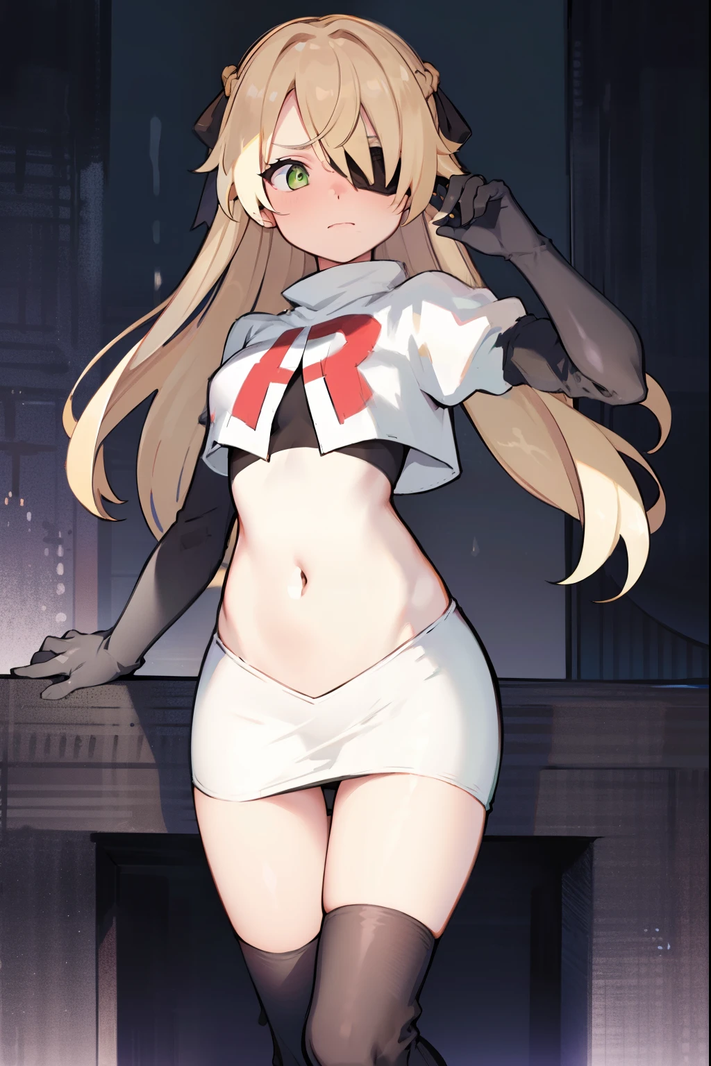 absurdres, fischl (dunkelnacht sakrament) (genshin impact), green eyes, (white pupils:1.2), fischl (genshin impact), medium_breasts, blonde hair, eyepatch, long hair, hair over one eye, bangs, hair ribbon, small breasts, 1girl, team rocket,team rocket uniform,white skirt,red letter R,crop top,black thigh-high boots,black elbow gloves, embarrassed, blush