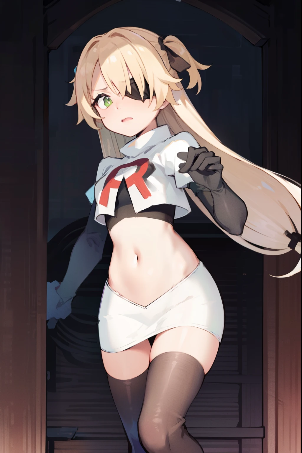 absurdres, fischl (dunkelnacht sakrament) (genshin impact), green eyes, (white pupils:1.2), fischl (genshin impact), medium_breasts, blonde hair, eyepatch, long hair, hair over one eye, bangs, hair ribbon, small breasts, 1girl, team rocket,team rocket uniform,white skirt,red letter R,crop top,black thigh-high boots,black elbow gloves, embarrassed, blush
