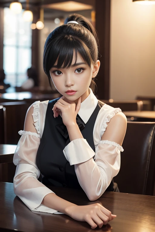a girl with short ponytail laying in the table in a restaurant wearing formal suit,  clear eye, perfect body,  (look down at the viewer:0.8), (pureerosface_v1:0.2), detached sleeves, open mouth, bangs, 1girl, shiny skin, (masterpiece;1.0), (photorealistic:1.4), (sharp focus:1.2),