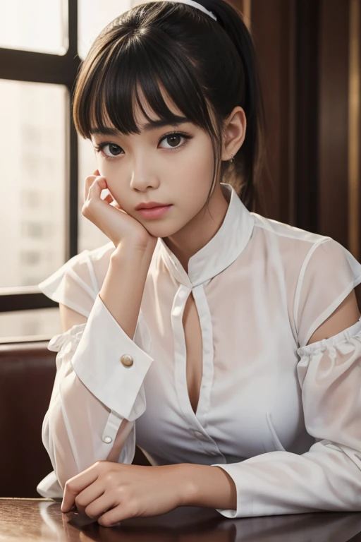 a girl with short ponytail laying in the table in a restaurant wearing formal suit, clear eye, perfect body, (look down at the viewer:0.8), (pureerosface_v1:0.2), detached sleeves, open mouth, bangs, 1girl, shiny skin, (masterpiece;1.0), (photorealistic:1.4), (sharp focus:1.2),