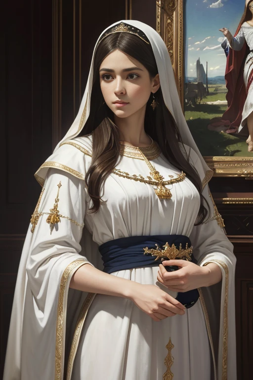 A beautiful ultra-thin realistic portrait of the Virgin Mary, white outfit with blue details, ((divinity)), full body, biblical, realistic, intricate details, by Abbott Fuller Graves, Bartolome Esteban Murillo, Jc Leyendecker, Craig Mullins, Peter Paul Rubens, (Caravaggio), Trend in Artstation, 8k, Concept Art, Fantasy Art, PhotoRealistic, Realistic, Illustration, Oil Painting, Surrealism, HyperRealistic, brush brushes, Digital art, style, watercolour