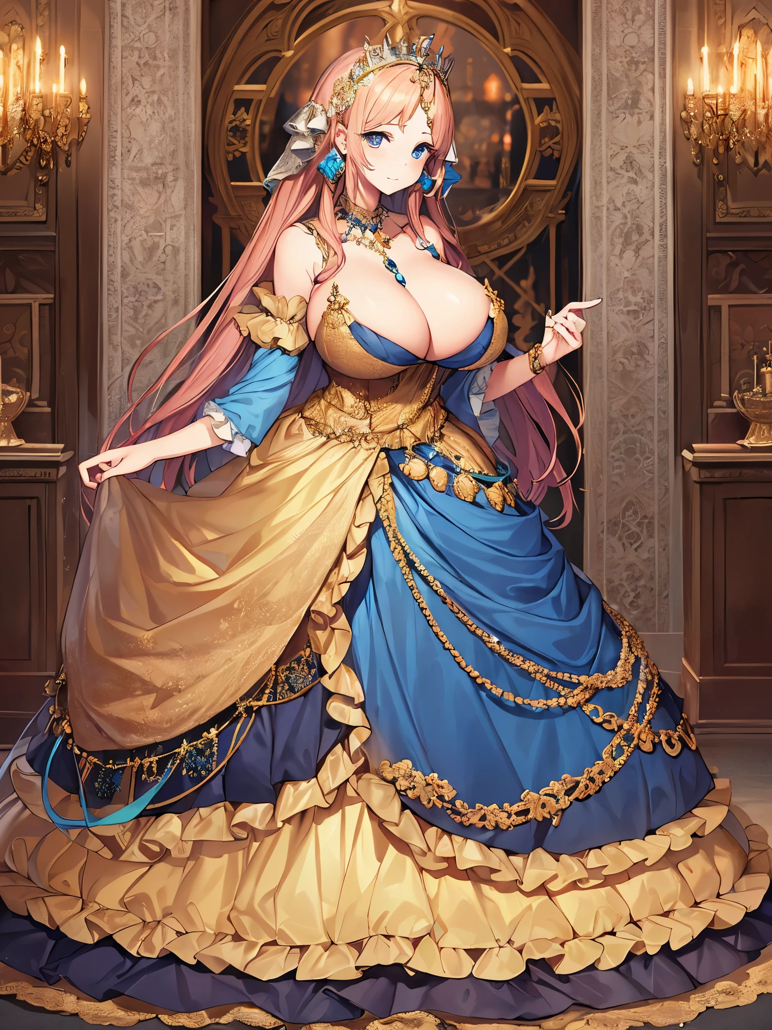 (anime artstyle),Masterpiece,Best Quality,Super Detail,Very Delicate and Beautiful,(((Solo))),((full body)),(((one princess in a gorgeous princess rococo ball gown with voluminous hoop skirt))),((crinoline)),Long train,(((Very gigantic tits,Very Long tits))),Skindentation,cleavage,((gorgeous rococo ballgown with beautiful embroidery and jeweled)),beautiful embroidery and jeweled gorgeous rococo ballgown with many ruffles,gorgeous rococo ballgown with big bows,gorgeous rococo ballgown with big bows,(gorgeousfull embroidery and lace),detailed face and eyes,jewel-like eyes,((extremely voluminous straight Hair,Very Long Straight Hair)),gorgeousfull hair ornament,(gorgeousfull jeweled tiara),Looking at viewer,((gorgeous princess rococo ball gown with voluminous hoop skirt)),full body,