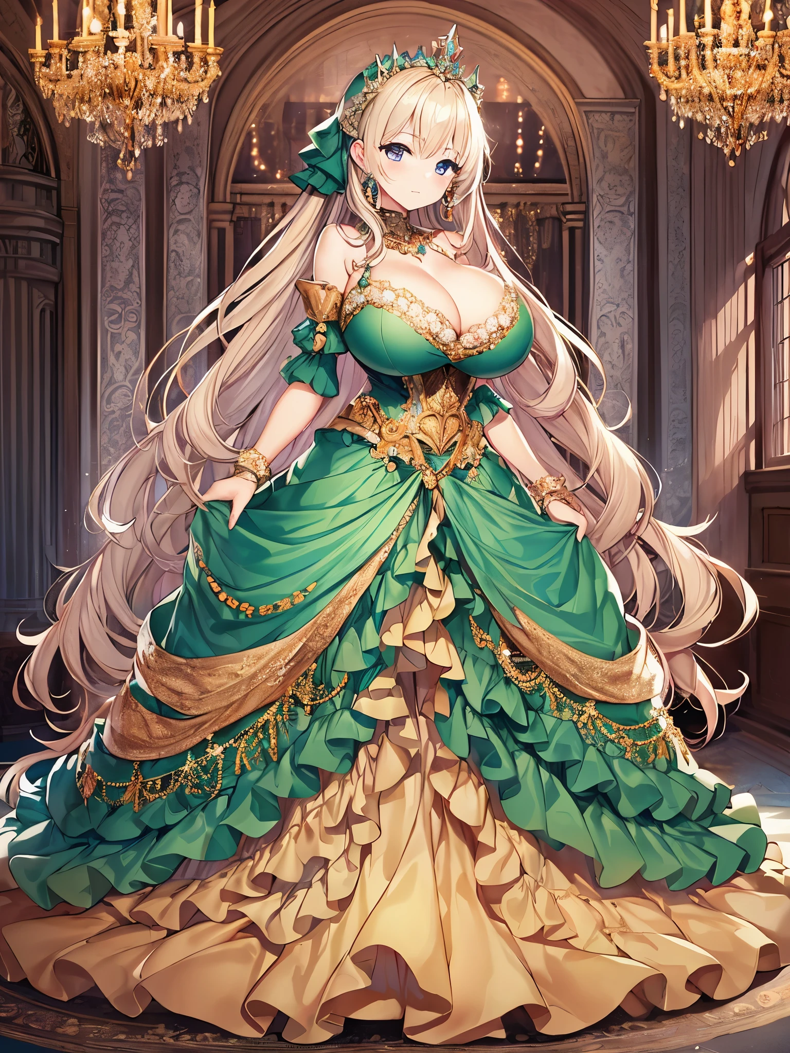 (anime artstyle),Masterpiece,Best Quality,Super Detail,Very Delicate and Beautiful,(((Solo))),((full body)),(((one princess in a gorgeous princess rococo ball gown with voluminous hoop skirt))),((crinoline)),Long train,(((Very gigantic tits,Very Long tits))),Skindentation,cleavage,((gorgeous rococo ballgown with beautiful embroidery and jeweled)),beautiful embroidery and jeweled gorgeous rococo ballgown with many ruffles,gorgeous rococo ballgown with big bows,gorgeous rococo ballgown with big bows,(gorgeousfull embroidery and lace),detailed face and eyes,jewel-like eyes,((extremely voluminous straight Hair,Very Long Straight Hair)),gorgeousfull hair ornament,(gorgeousfull jeweled tiara),Looking at viewer,((gorgeous princess rococo ball gown with voluminous hoop skirt)),full body,