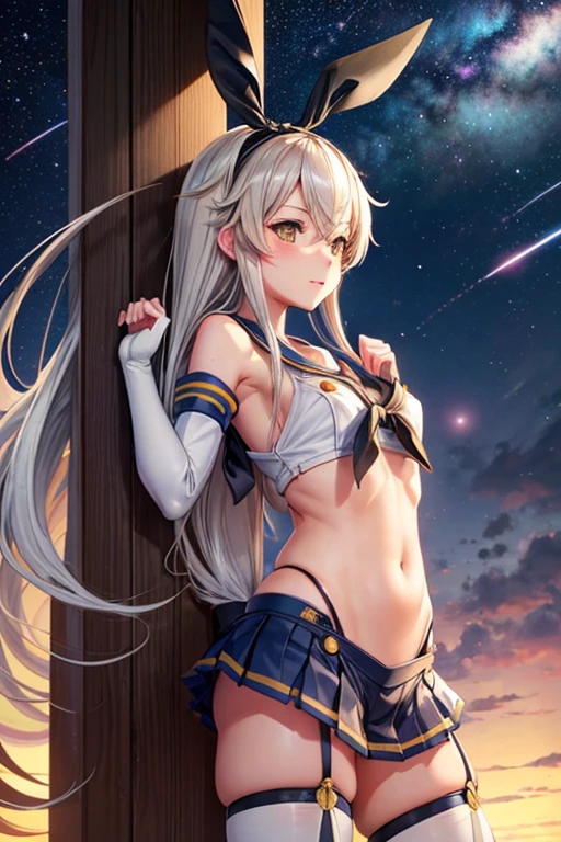 hyper detailed, perfect anatomy, extremely detailed and delicate, 1 girl, shimakaze(kancolle), 1 black cat, night sky, stars, milkyway, hugging a black cat,