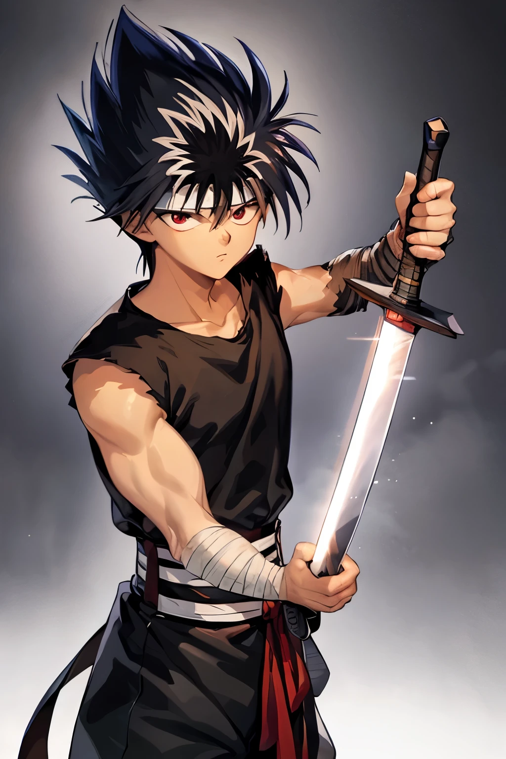 masterpiece, best quality, 1boy, hiei, black hair,  white hair, spiked hair, red eyes, headband, bandages, upper body, sleeveless, torn clotheig Black Dragon wraps around hand), solo, katana sword, sword arts, ancient temple background,