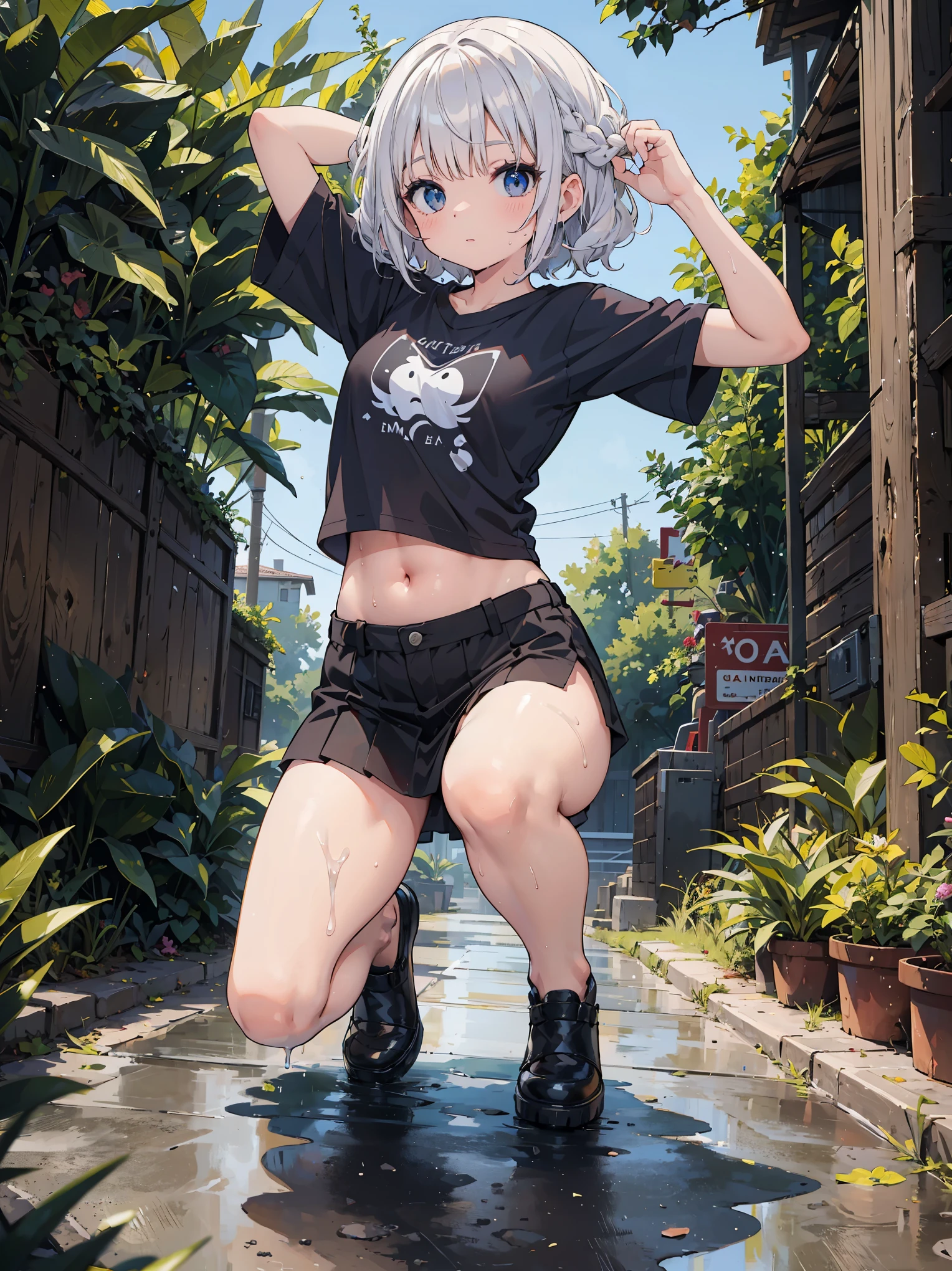 ((masterpiece)), (high quality), full body, a girl with platinum hair, curly hair, double braids, seductive expression, very short t-shirt, white translucent t-shirt, t-shirt without prints, wet t-shirt, translucent fabric, part of visible underside of the breast, noticeable nipples, visible belly, very short black miniskirt, open on the side. one knee up, standing, arms wide open, hands above the head. leaning against the wall