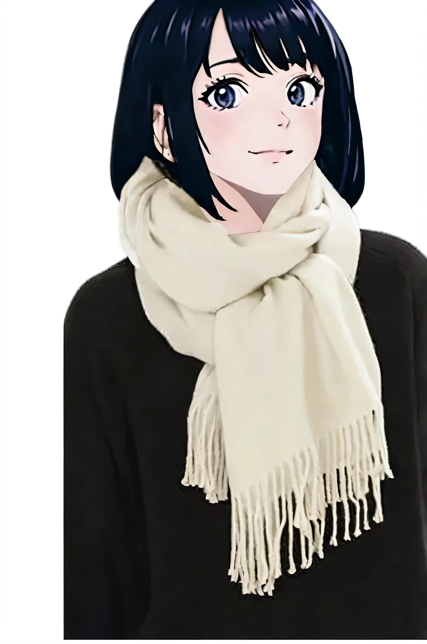 Anime girl with dark hair and scarf looking at camera, inspired by Tsuruko Yamazaki, romanticism lain, wearing a scarf, inspired by Sugimura Jihei, White headscarf, Male anime style, In an anime style, anime handsome guy, inspired by Sakai Hōitsu, inspired by Yamagata Hiro, Wearing a fluffy black scarf