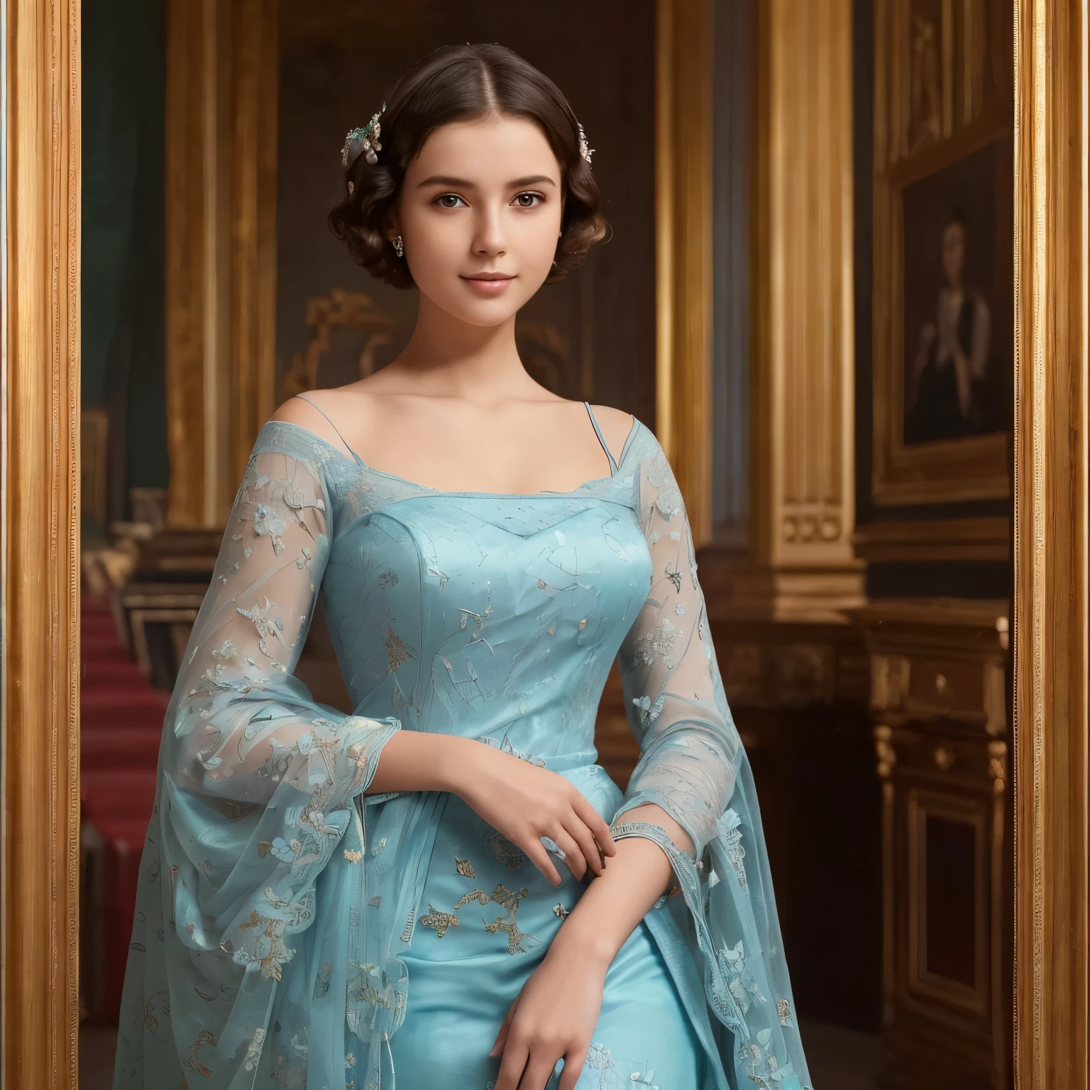 142
(a 20 yo woman,in the palace), (A hyper-realistic), (high-level image quality), ((beautiful hairstyle 46)), ((short-hair:1.46)), (kindly smile), (breasted:1.1), (lipsticks), (wearing a blue dress), (murky,wide,Luxurious room), (florals), (an oil painting、Rembrandt)