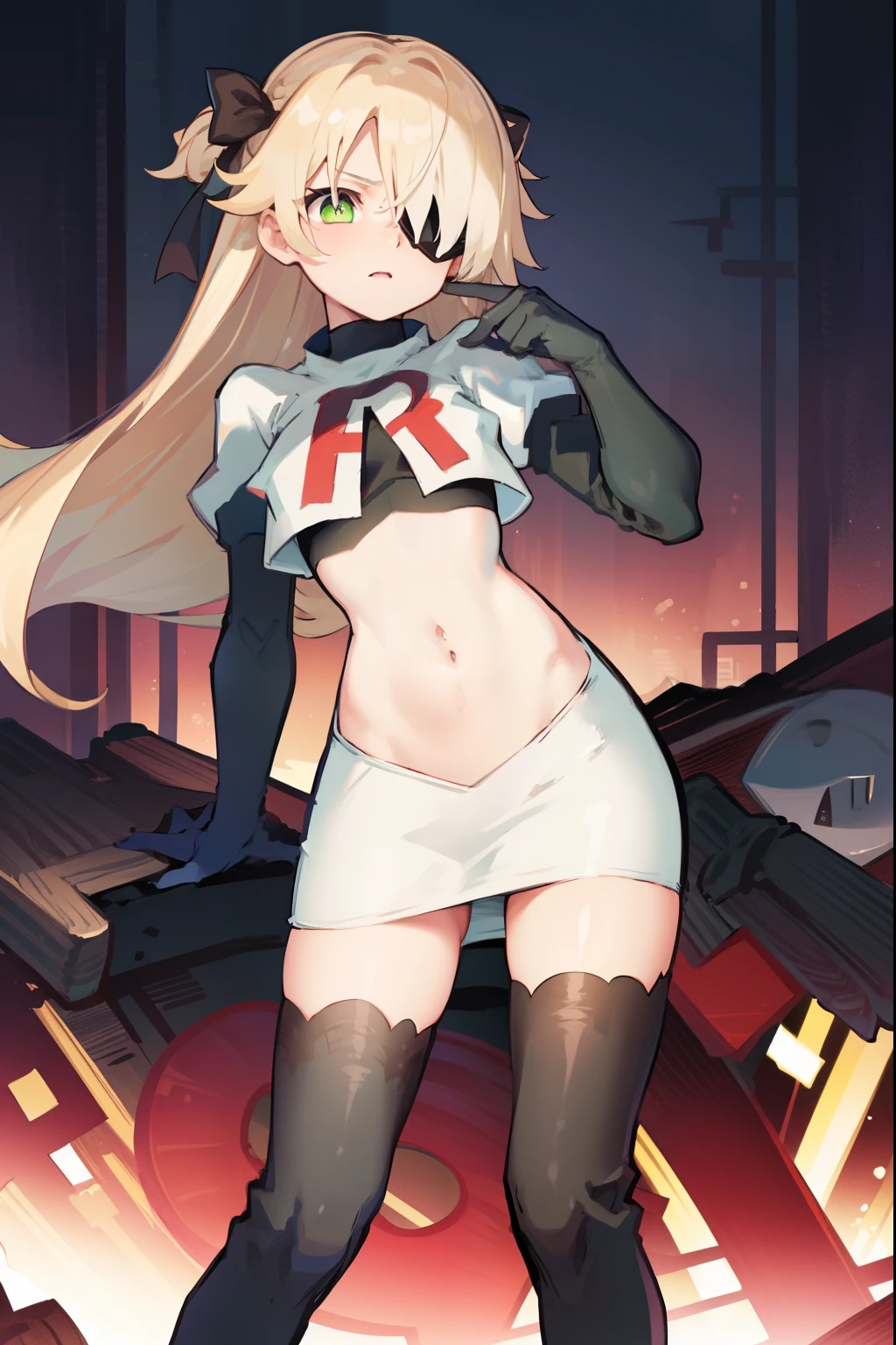absurdres, fischl (dunkelnacht sakrament) (genshin impact), green eyes, (white pupils:1.2), fischl (genshin impact), medium_breasts, blonde hair, eyepatch, long hair, hair over one eye, bangs, hair ribbon, small breasts, 1girl, team rocket,team rocket uniform,white skirt,red letter R,crop top,black thigh-high boots,black elbow gloves,