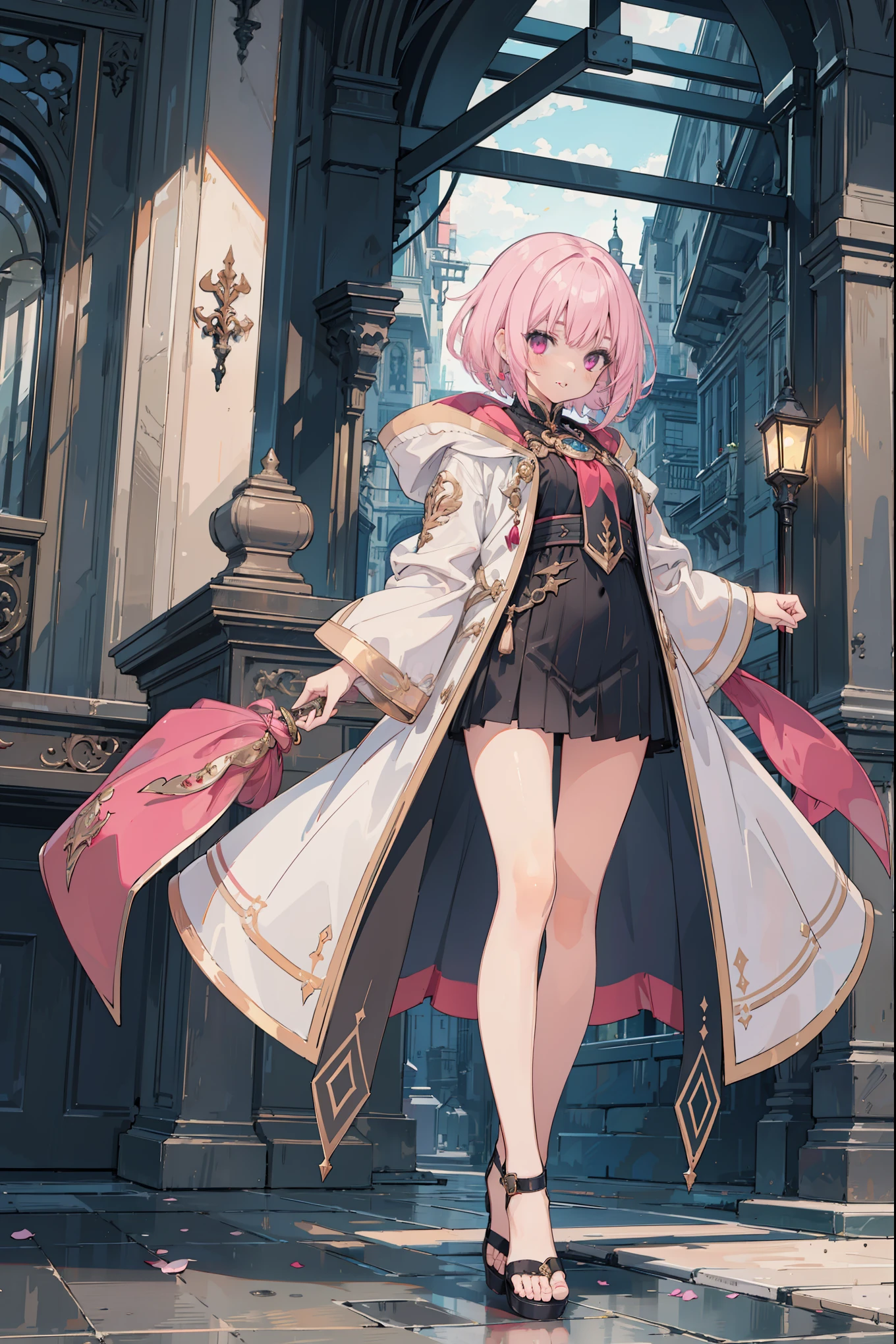 Prompt:-High spec beautiful girl, light pink hair color, short hair, female emperor, pink eyes, Final Fantasy style, full body, high pixel count, high image processing, high image quality, high resolution